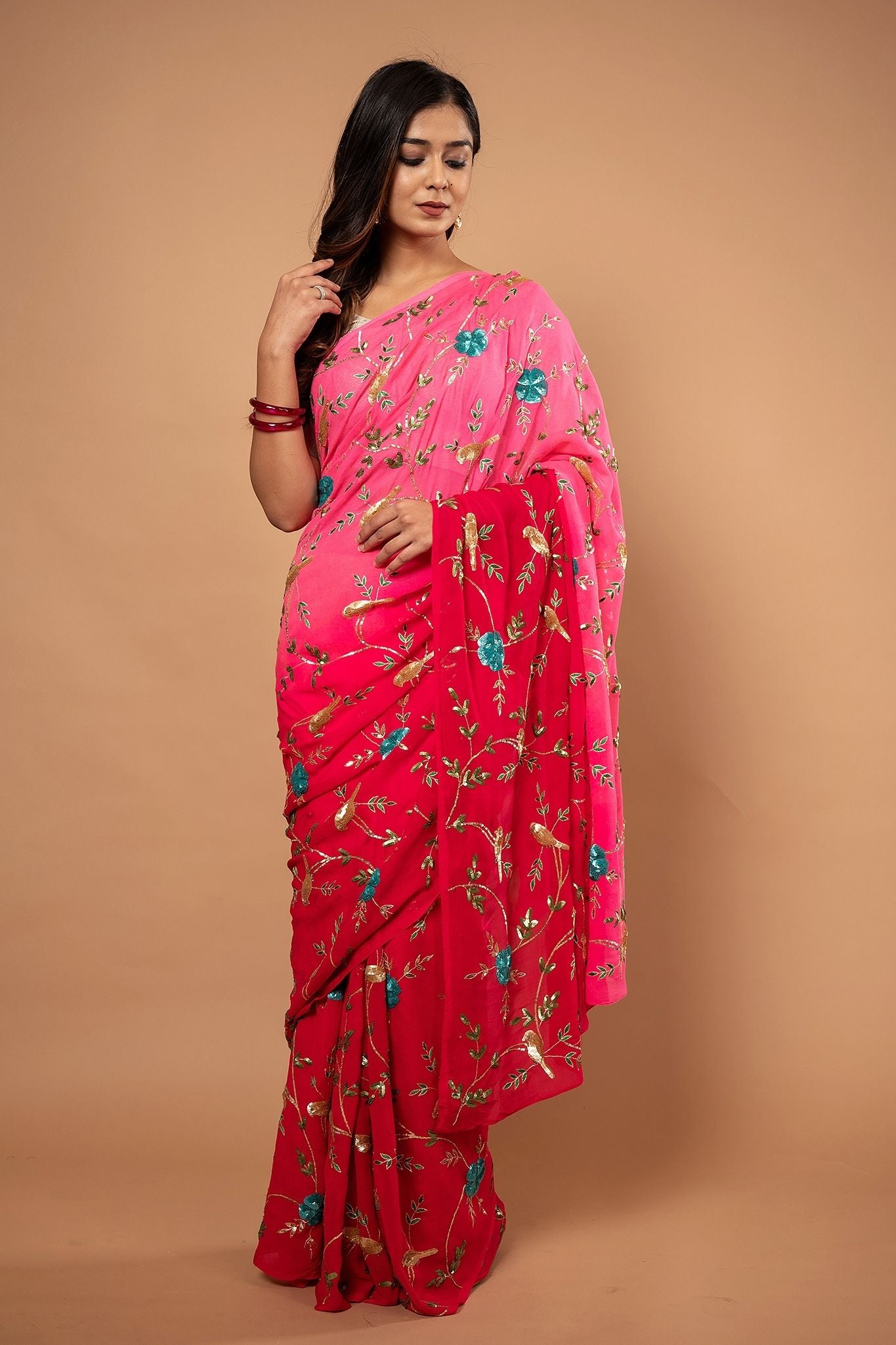 Gajri Pink light dark pure chiffon aari sequins jaal handwork saree