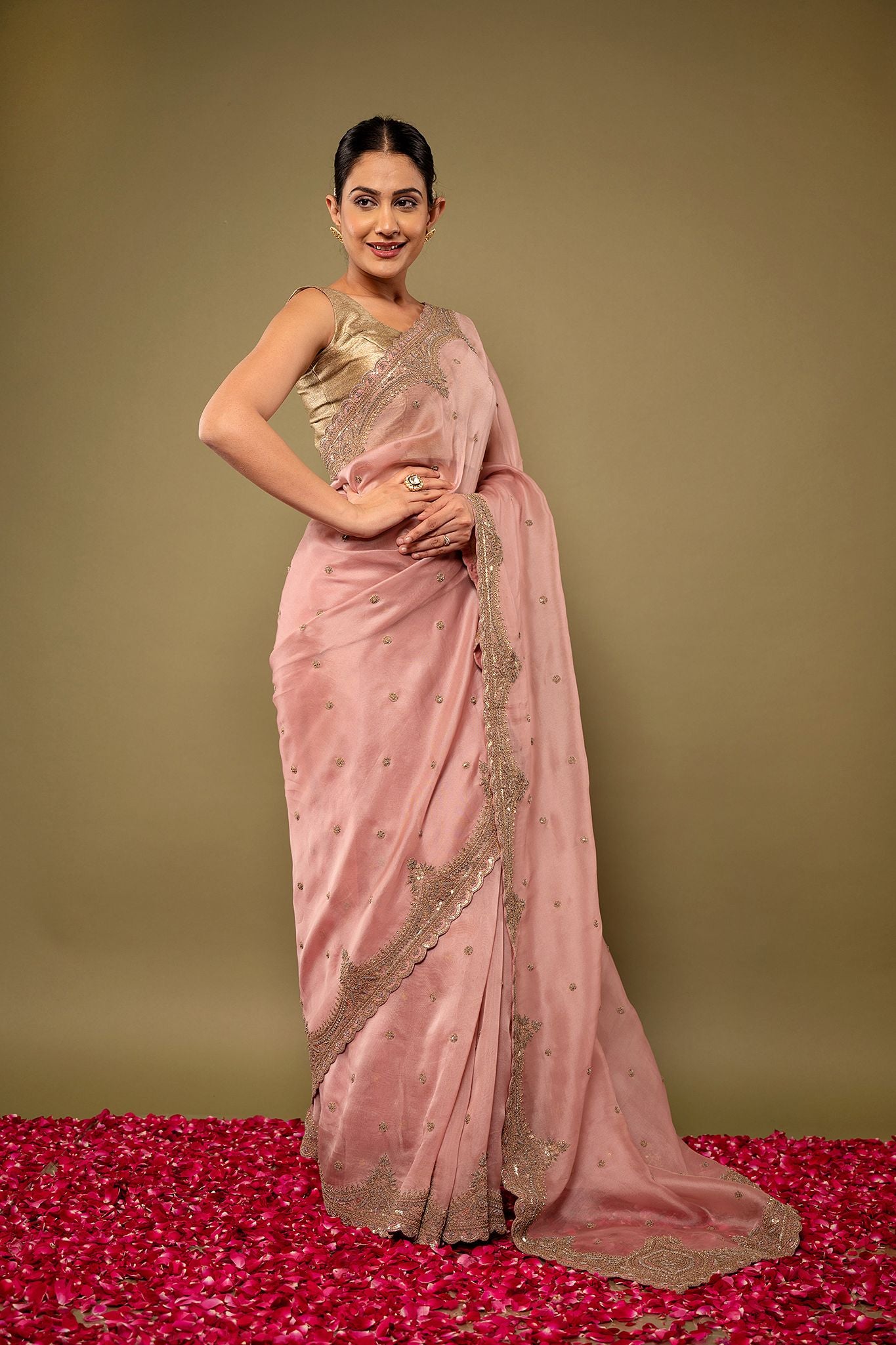 mate pink pure organza Dapka Marodi Border Butti handwork saree
