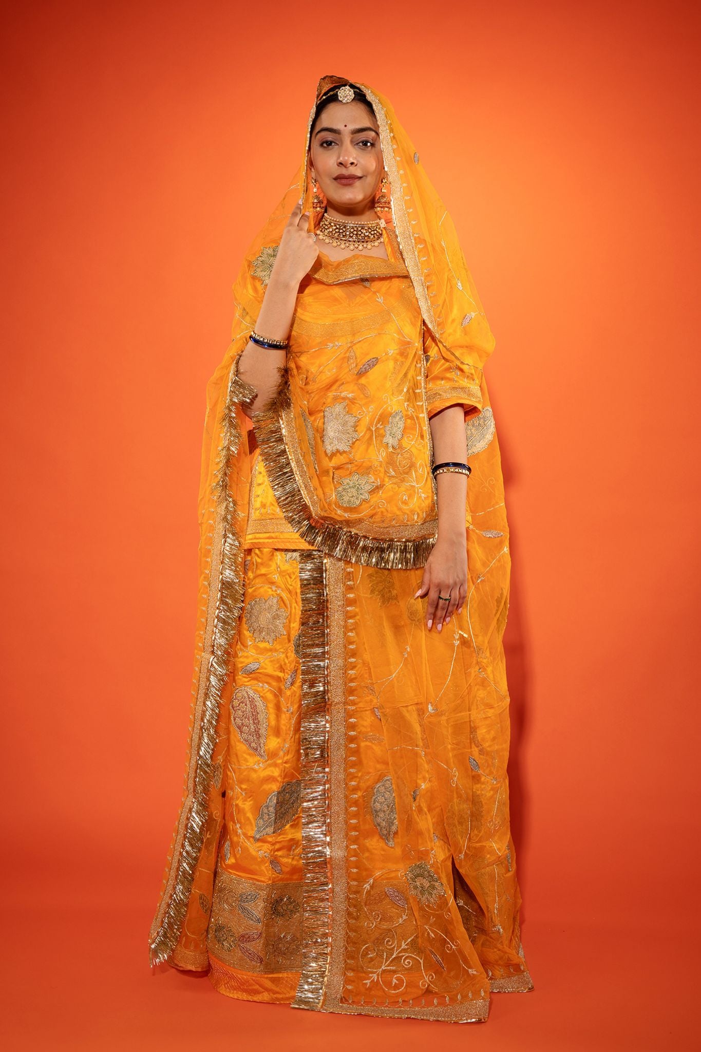 kesariya Pure Silk Satin chanderi handwork rajputi Poshak with pure odhna