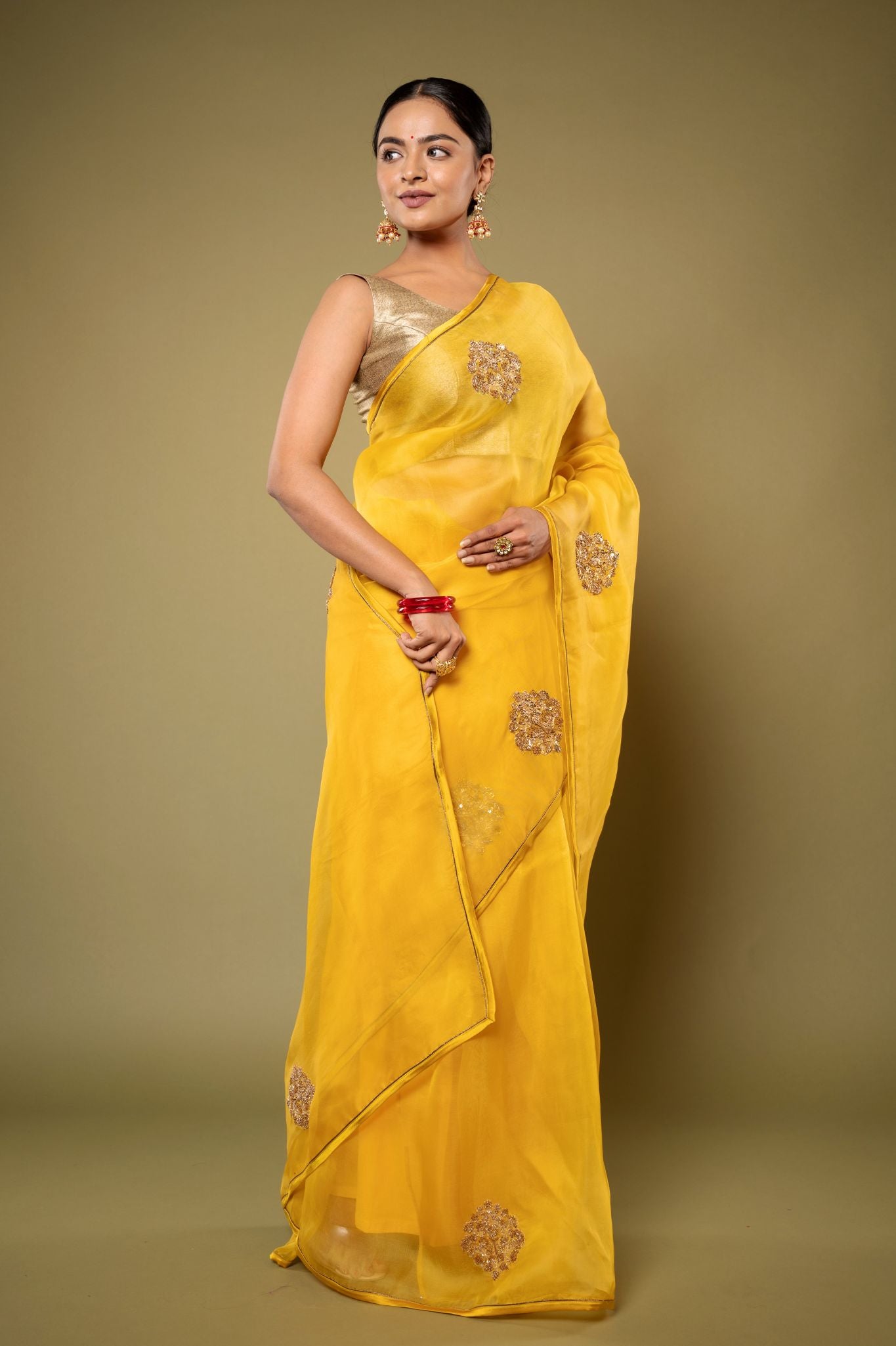 yellow Organza Zardozi Motif handwork saree