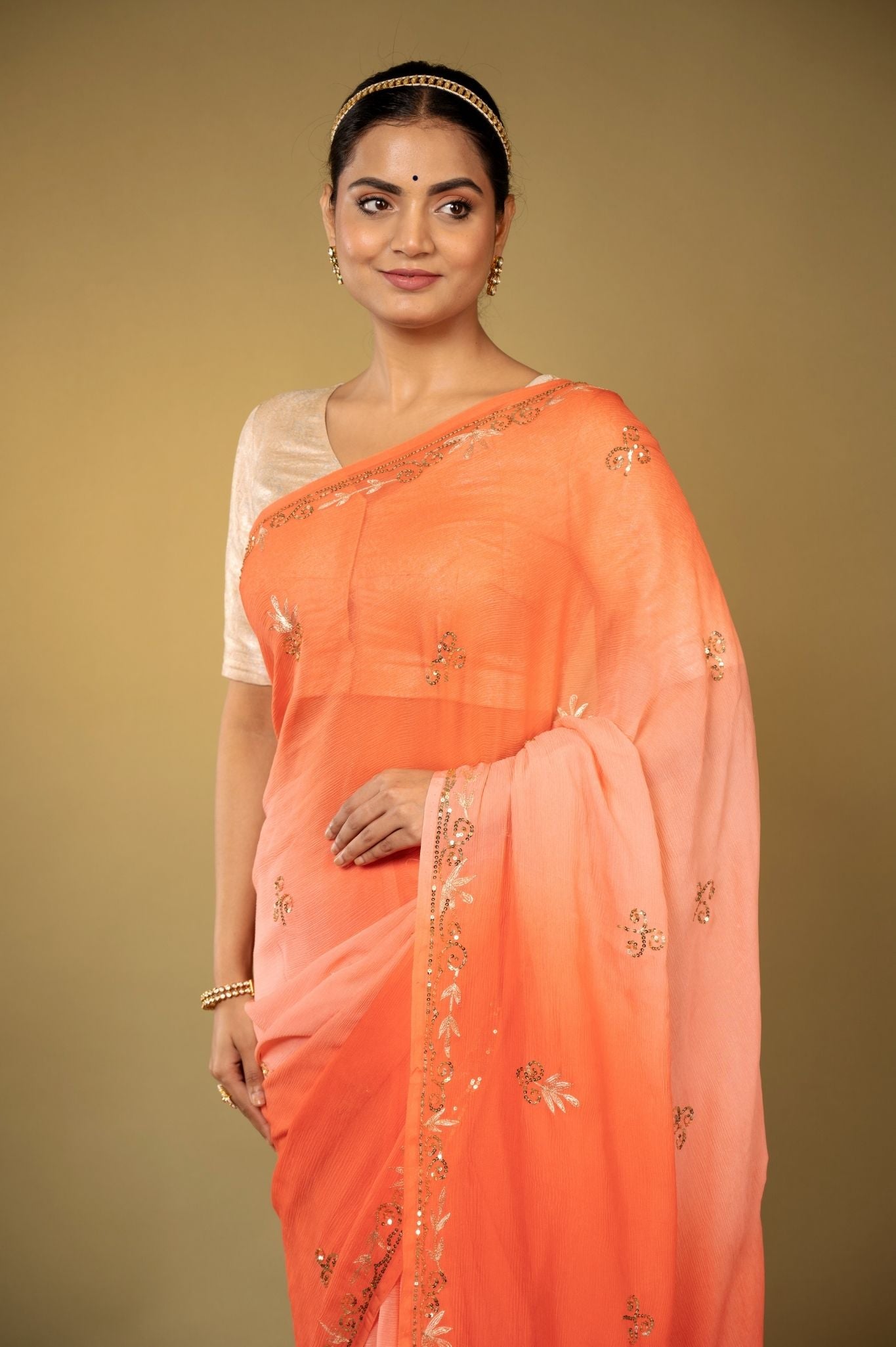 Peach light dark Viscose Chiffon aari sequins handwork party wear saree