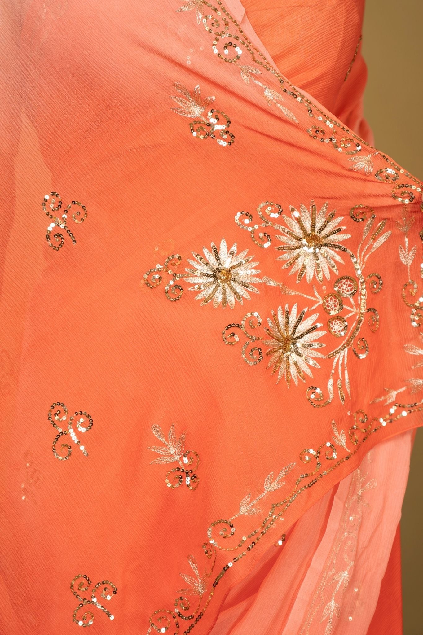 Peach light dark Viscose Chiffon aari sequins handwork party wear saree