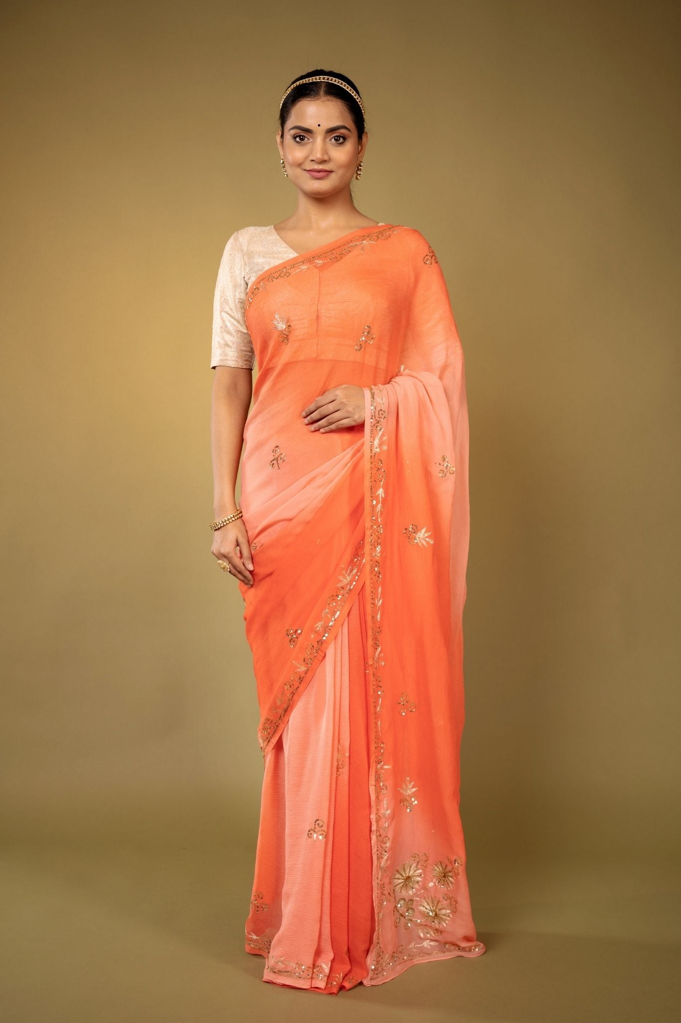Peach light dark Viscose Chiffon aari sequins handwork party wear saree
