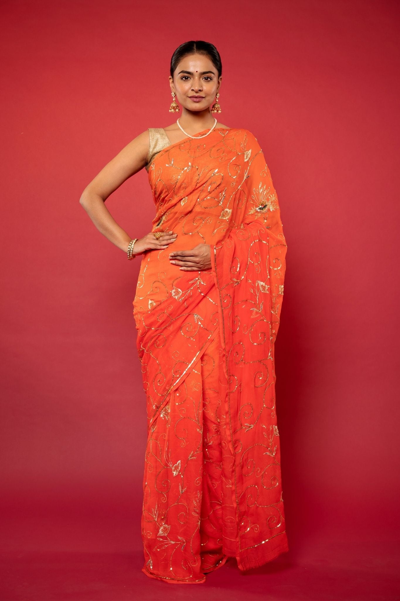 Orange Viscose Chiffon sequins jaal Handwork party wear saree