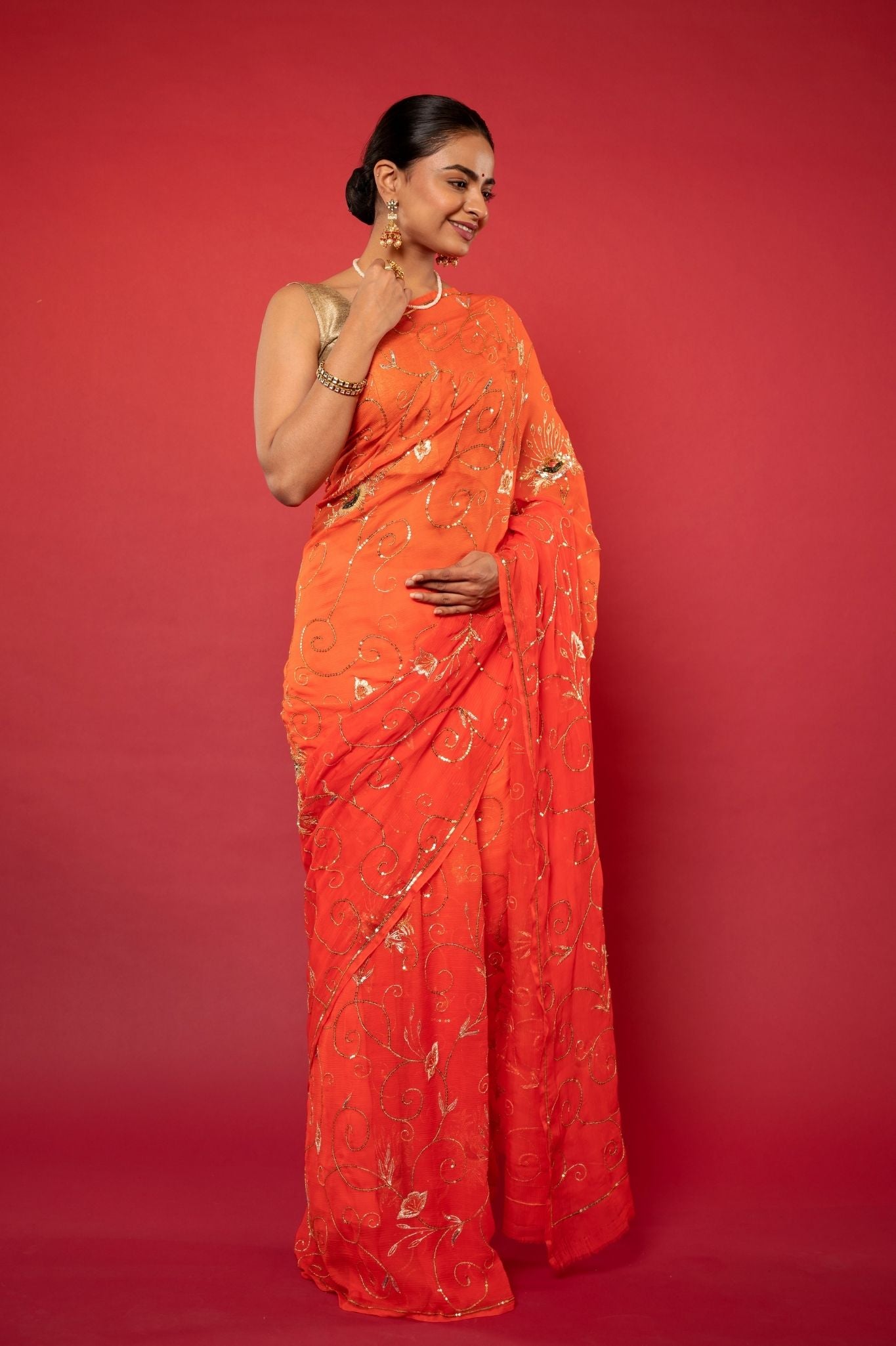 Orange Viscose Chiffon sequins jaal Handwork party wear saree