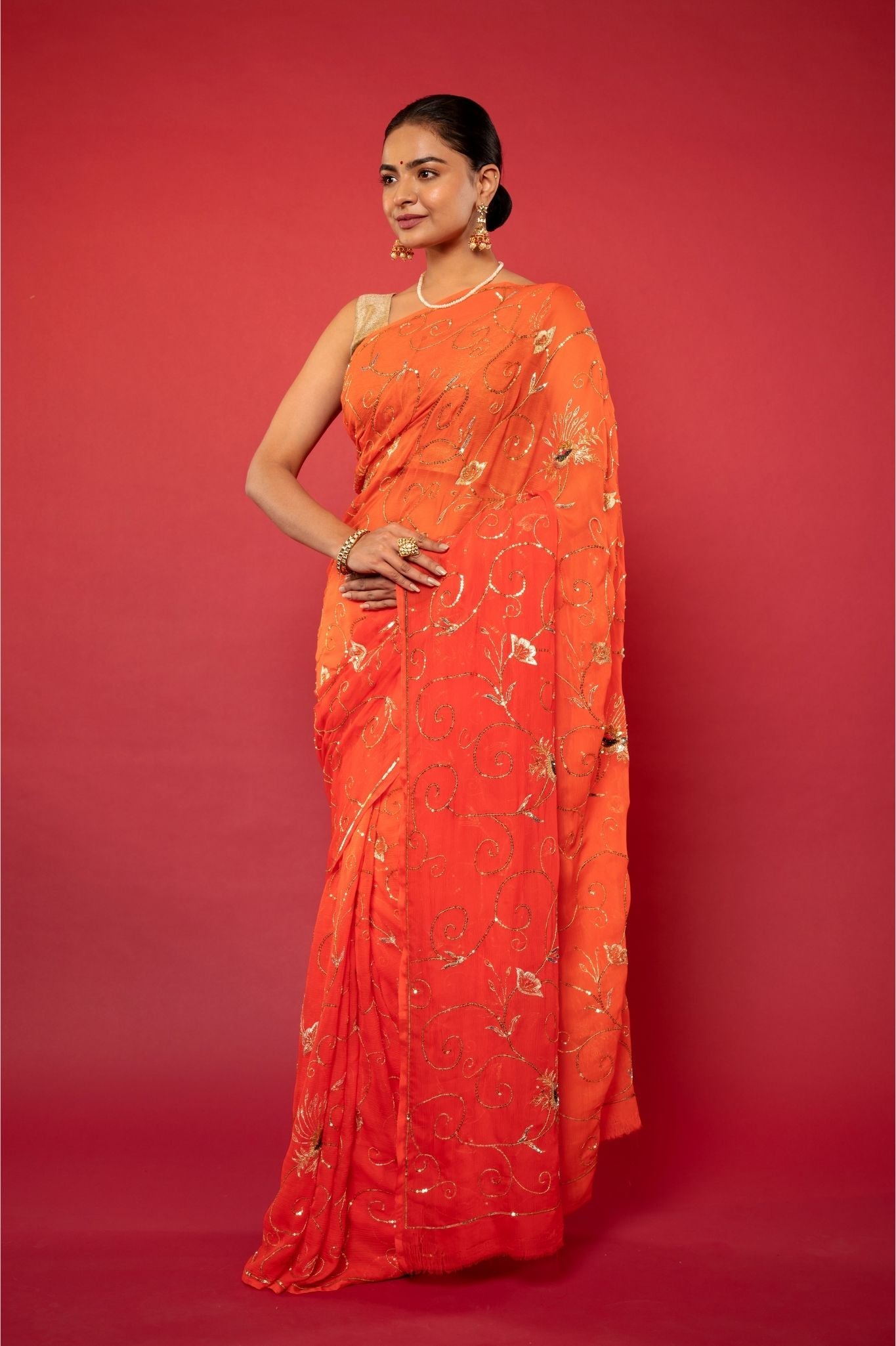 Orange Viscose Chiffon sequins jaal Handwork party wear saree