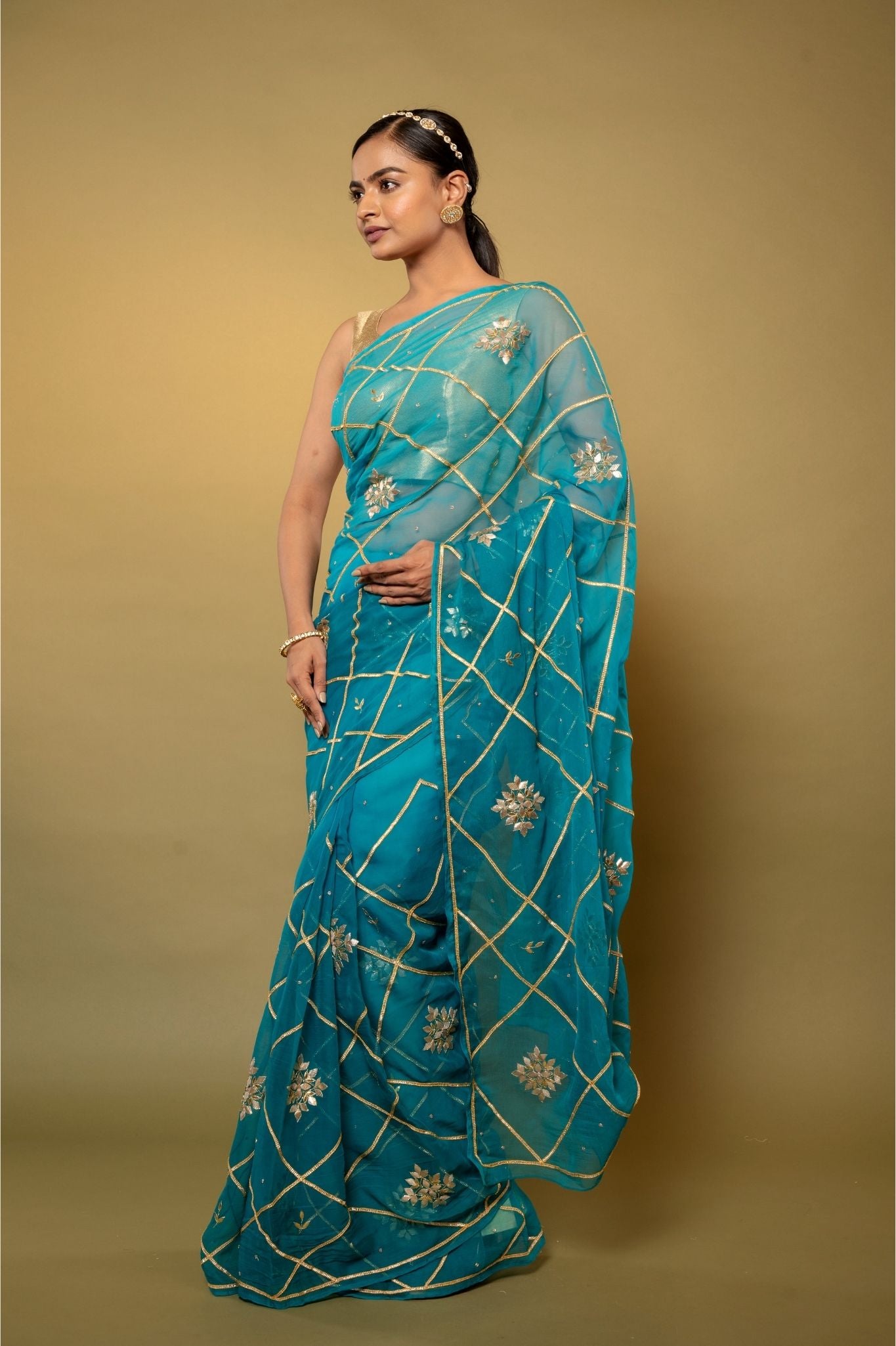 rama blue Viscose Chiffon Sikhiya Gottapati Jaal handwork party wear saree