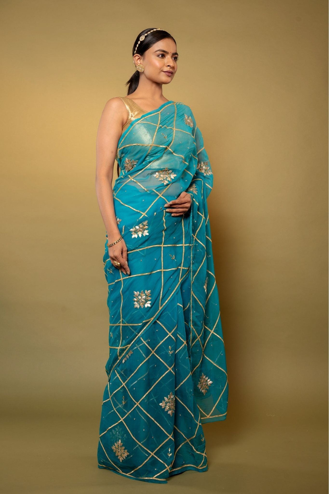 rama blue Viscose Chiffon Sikhiya Gottapati Jaal handwork party wear saree