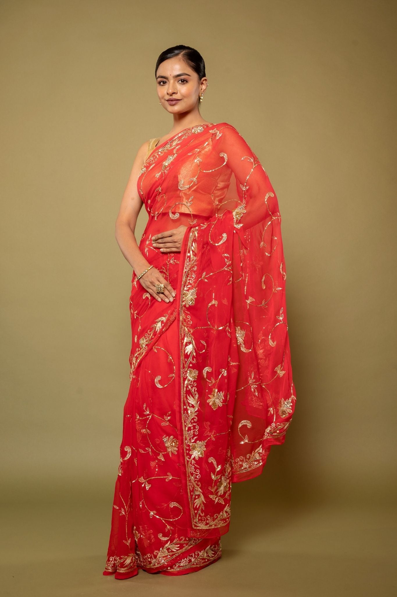 Tamatri Red Viscose aari sequins jaal handwork saree