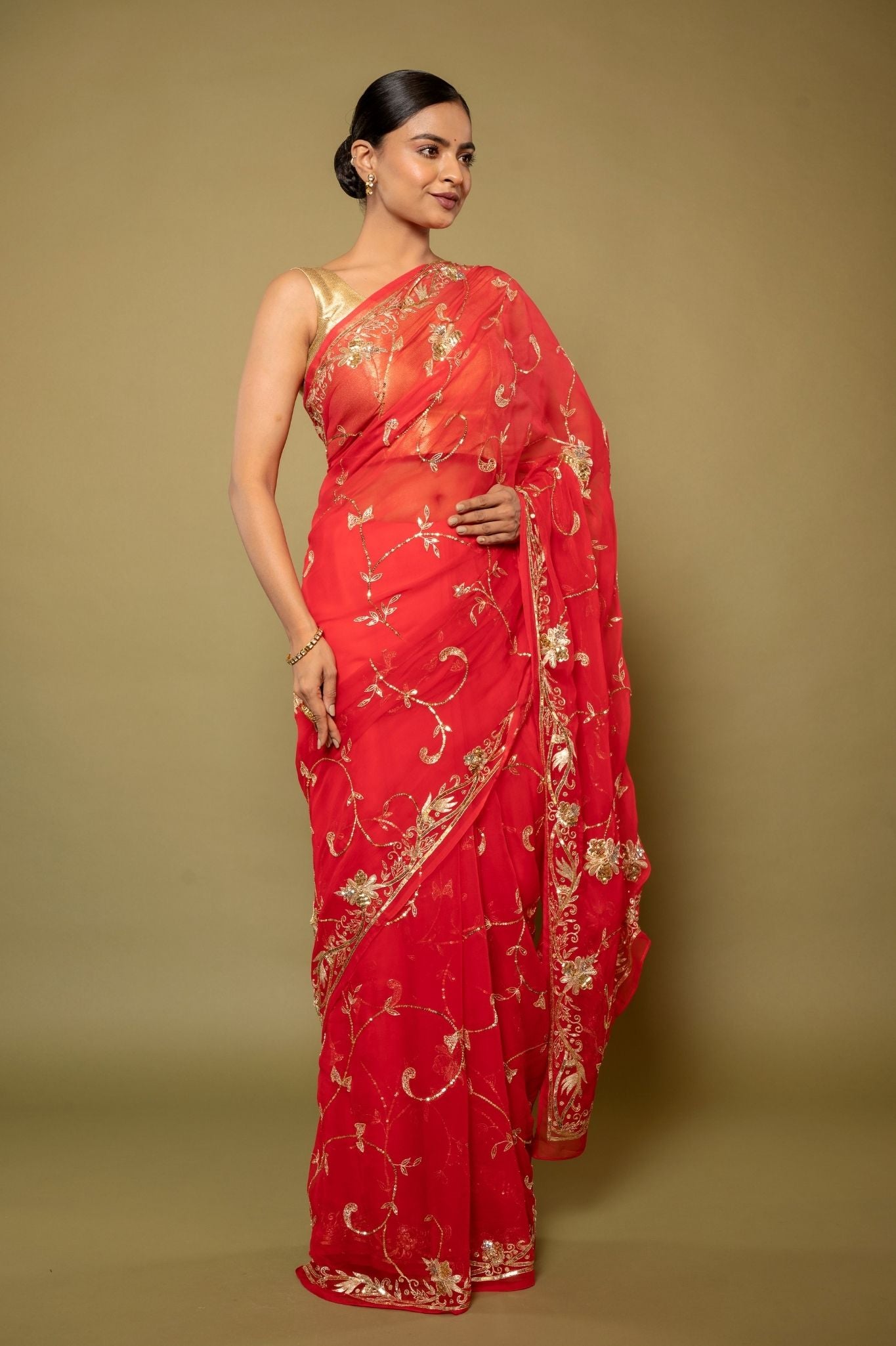 Tamatri Red Viscose aari sequins jaal handwork saree
