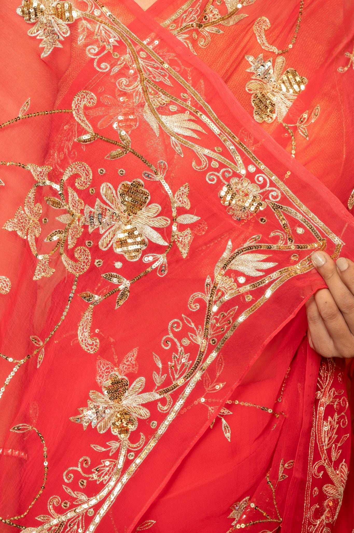 Tamatri Red Viscose aari sequins jaal handwork saree