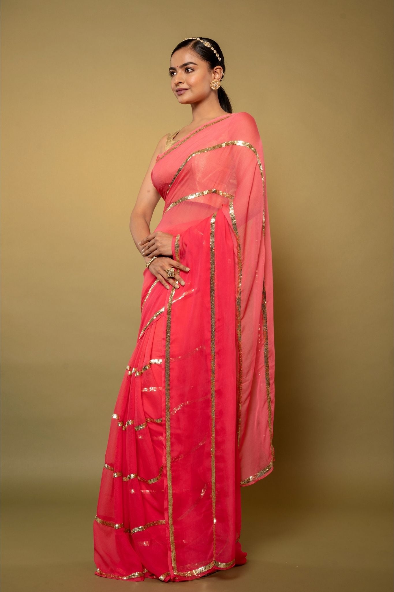 Neon Pink pure platinum Chiffon sequins handwork saree