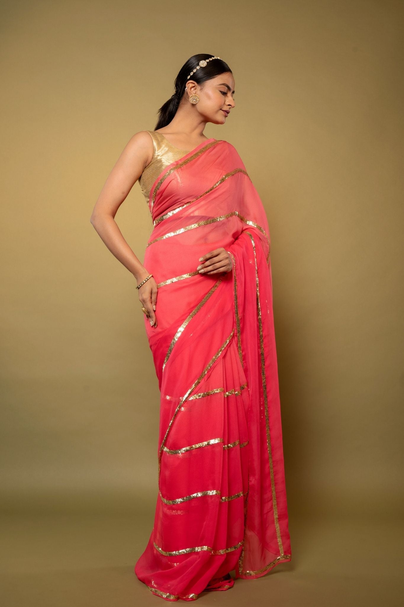 Neon Pink pure platinum Chiffon sequins handwork saree