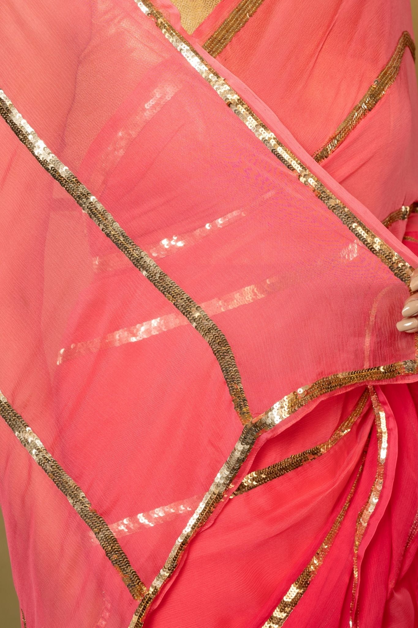 Neon Pink pure platinum Chiffon sequins handwork saree