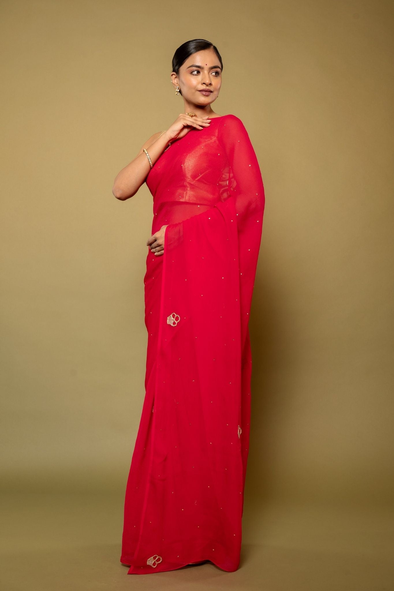 Raspbeery red pure platinum Chiffon real silver butti handwork saree