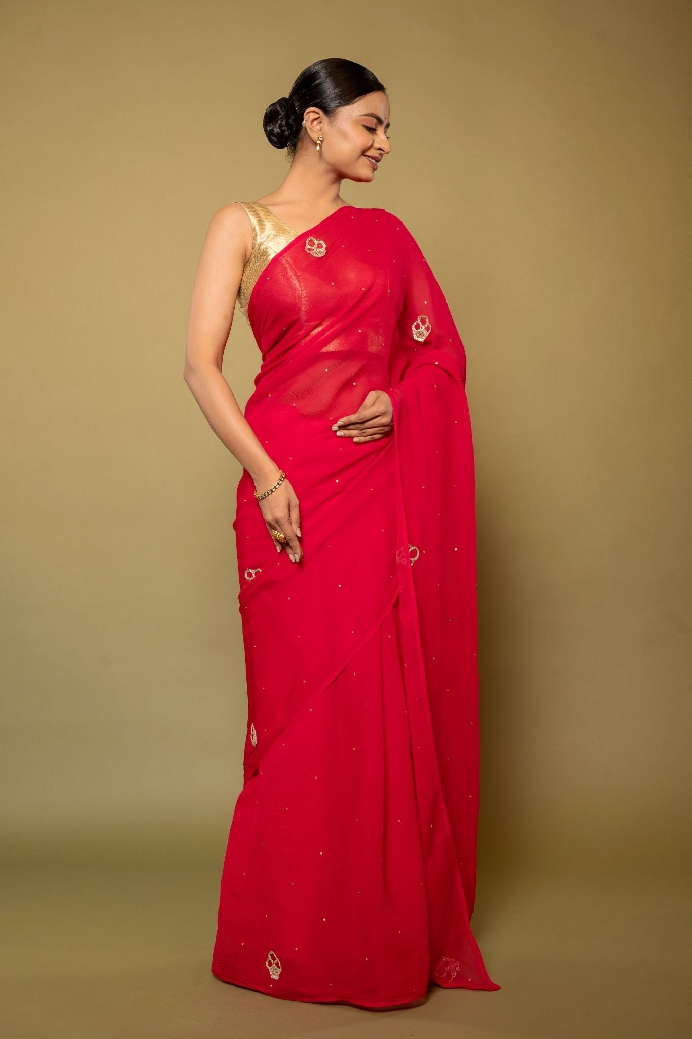 Raspbeery red pure platinum Chiffon real silver butti handwork saree