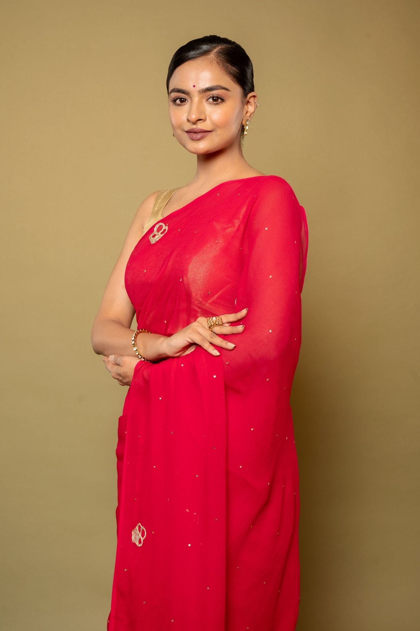 Raspbeery red pure platinum Chiffon real silver butti handwork saree