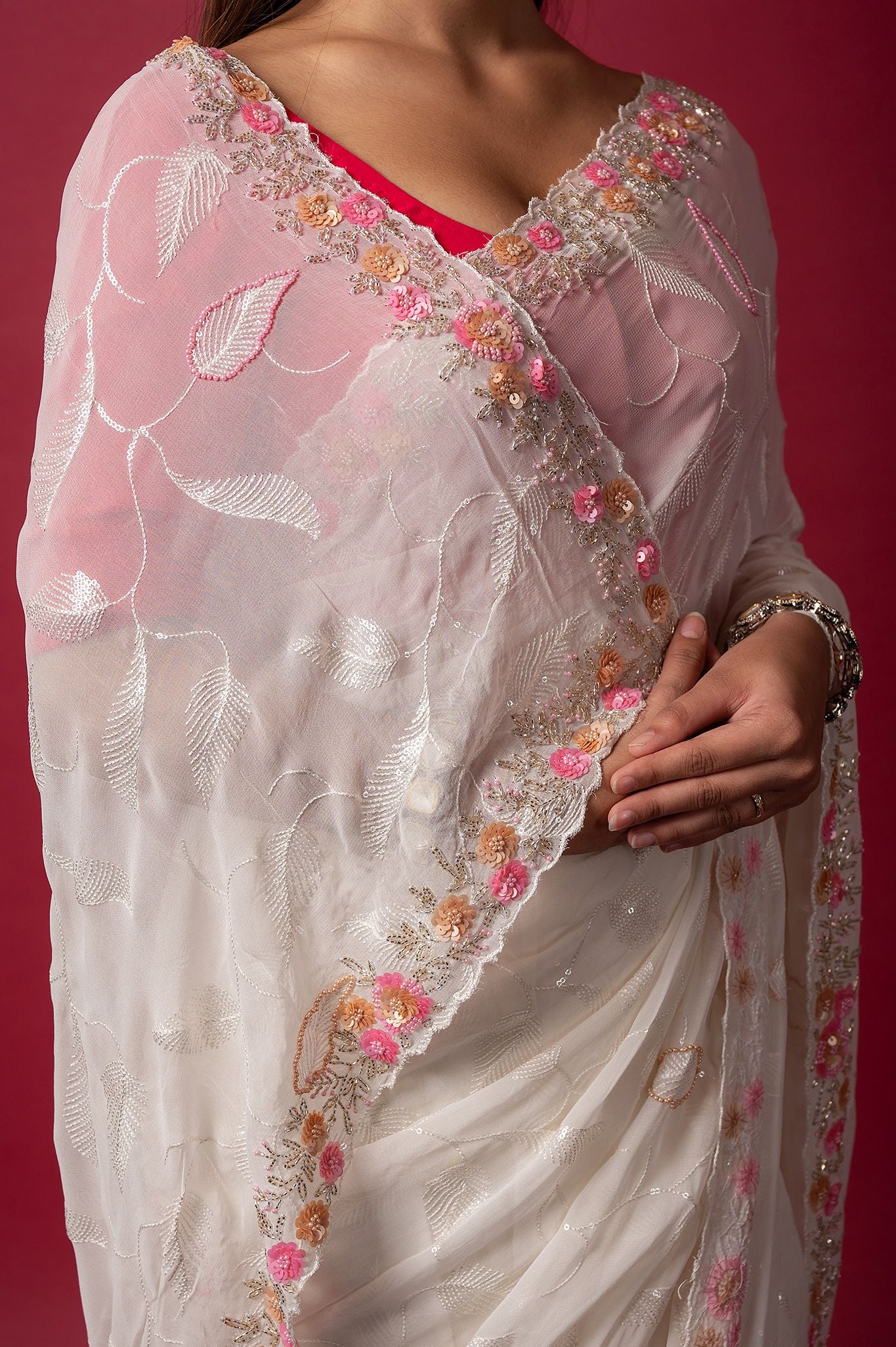 white organza sequins kardana handwork saree