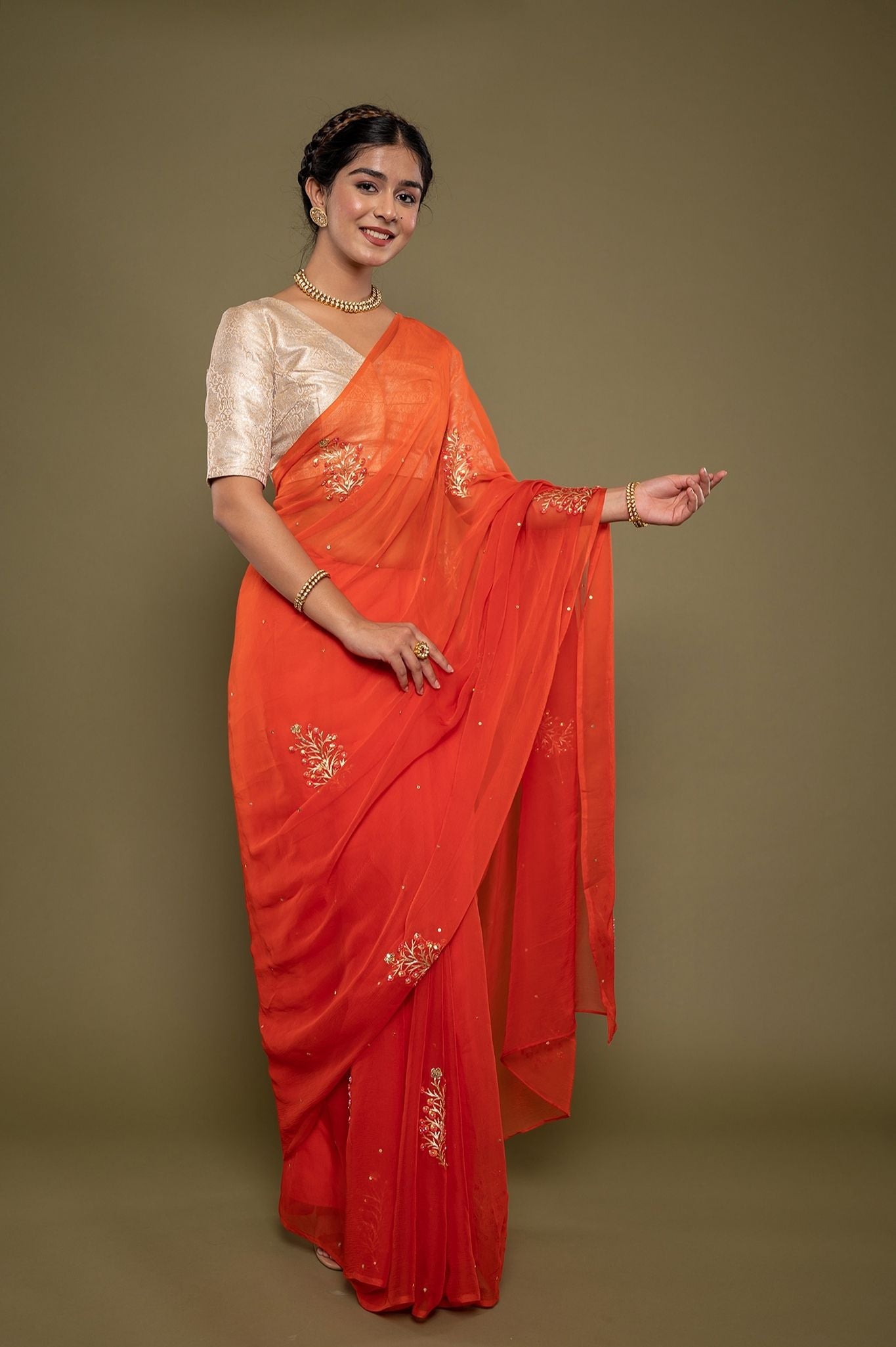 orange viscose chiffon aari sequns handwork saree