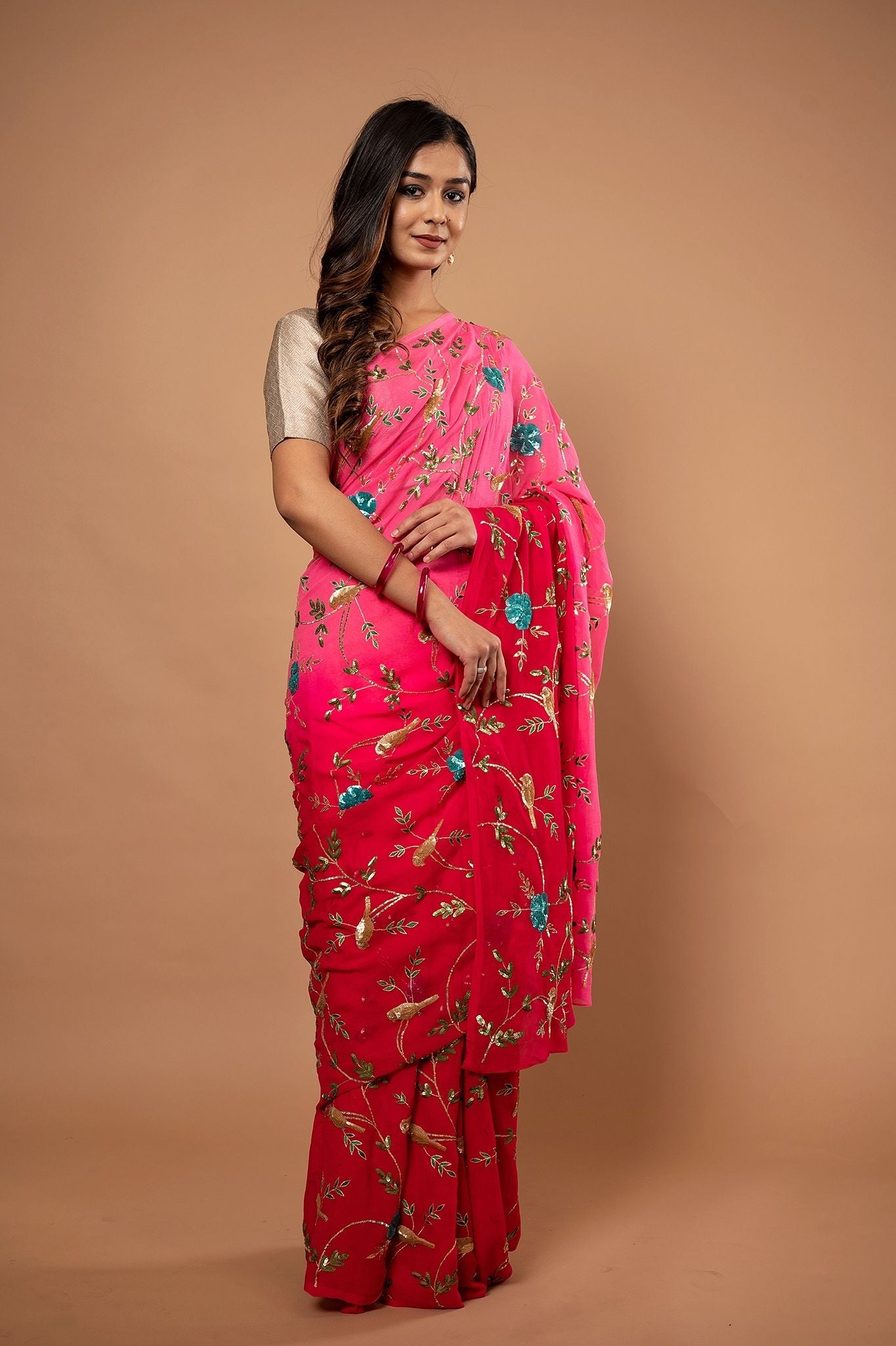 Gajri Pink light dark pure chiffon aari sequins jaal handwork saree