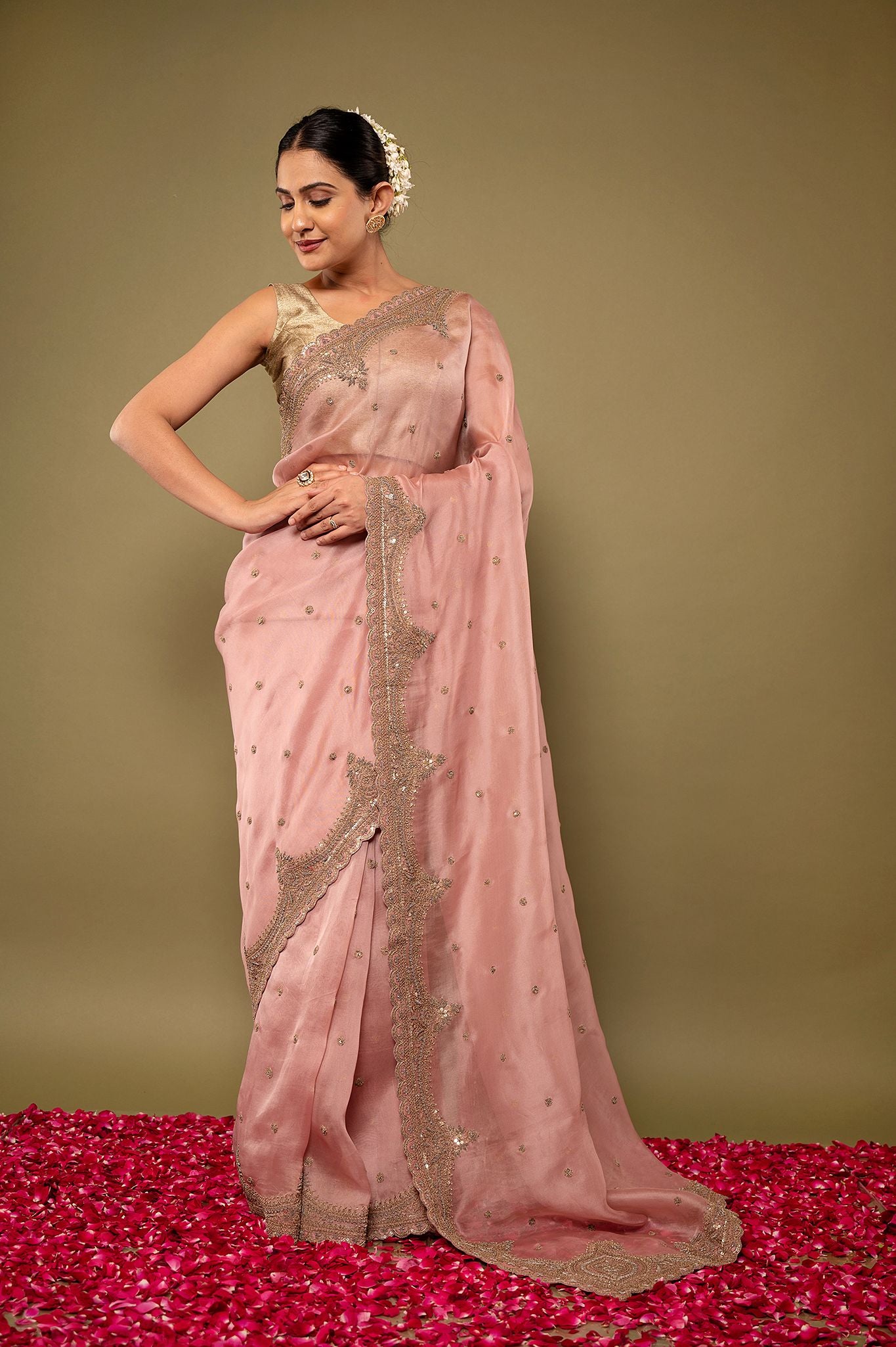 mate pink pure organza Dapka Marodi Border Butti handwork saree