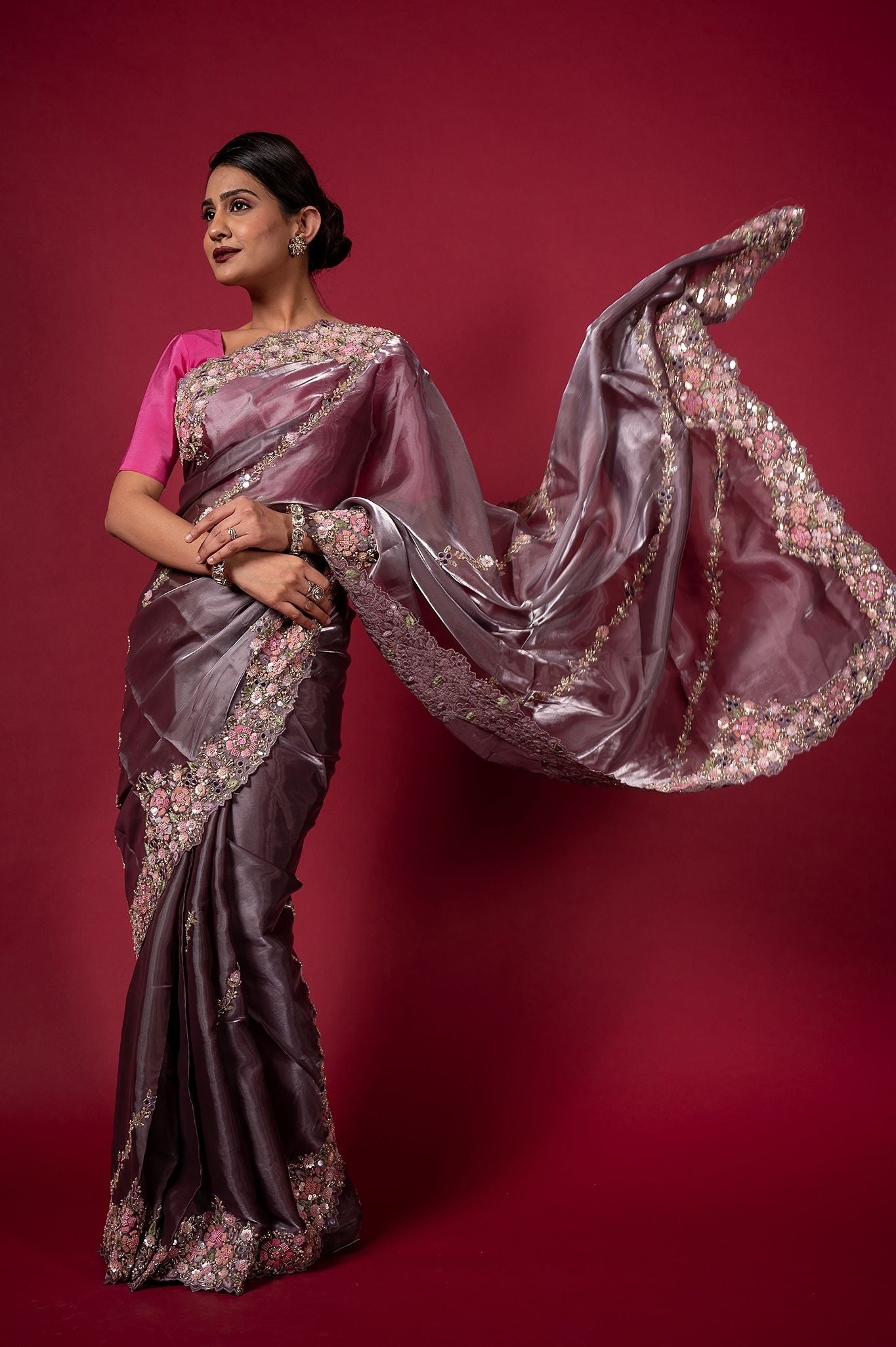 Purple Tissue organza pearl sequins kardana resham handwork saree