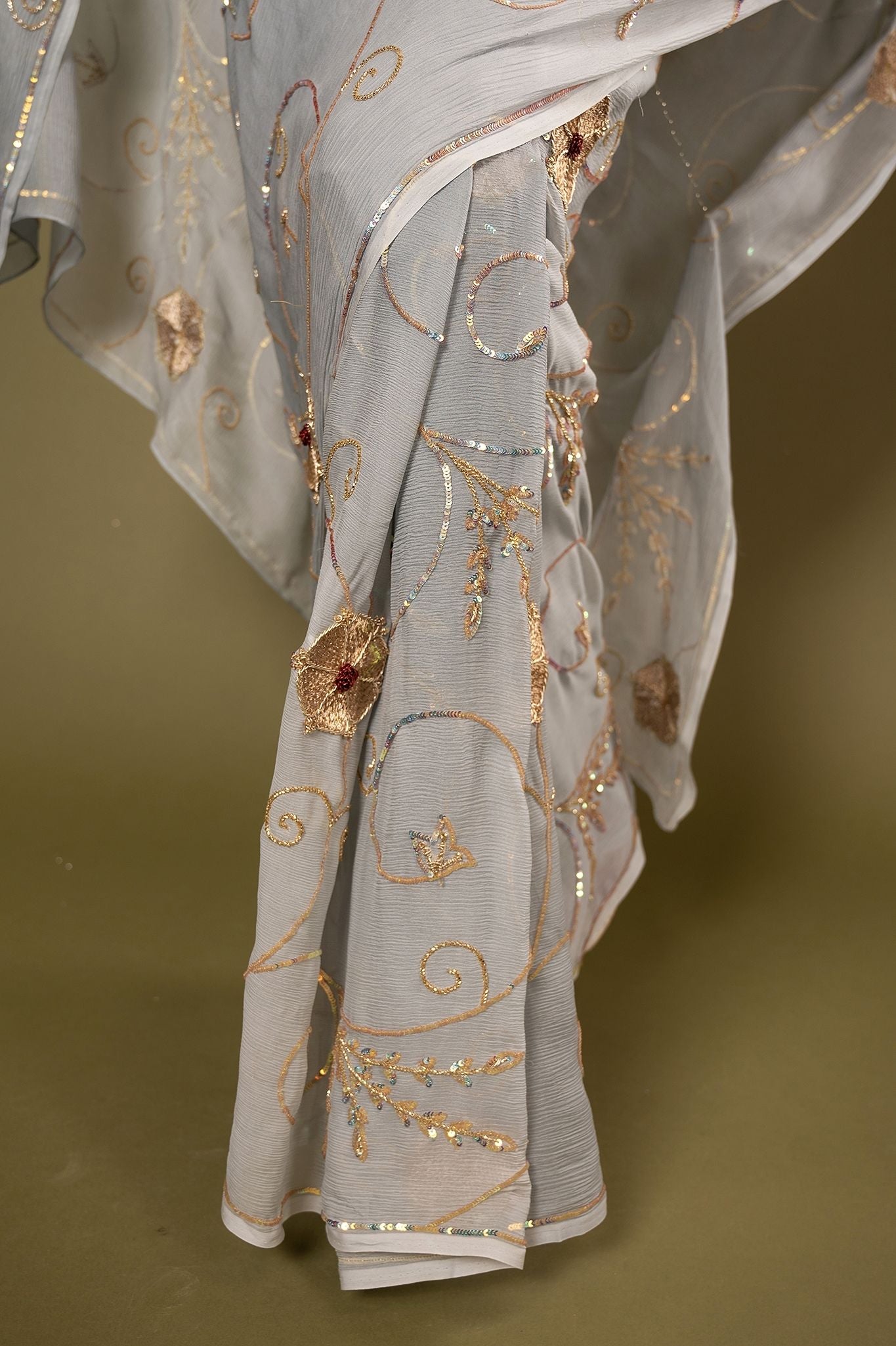 Grey pure chiffon sequins zari jaal handwork saree