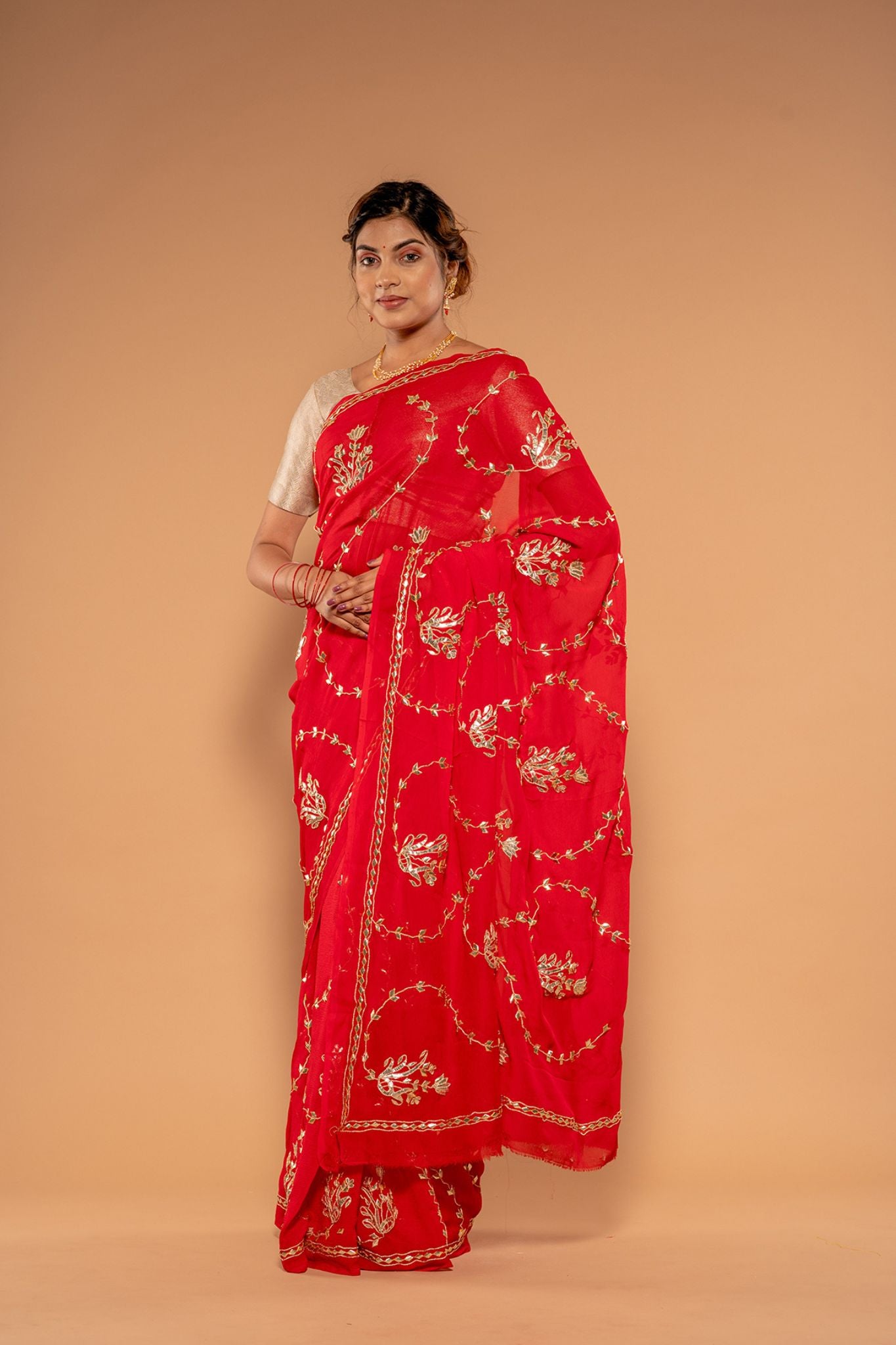 Tamatri Red Viscose Chiffon Tori Gota Patti Handwork Saree