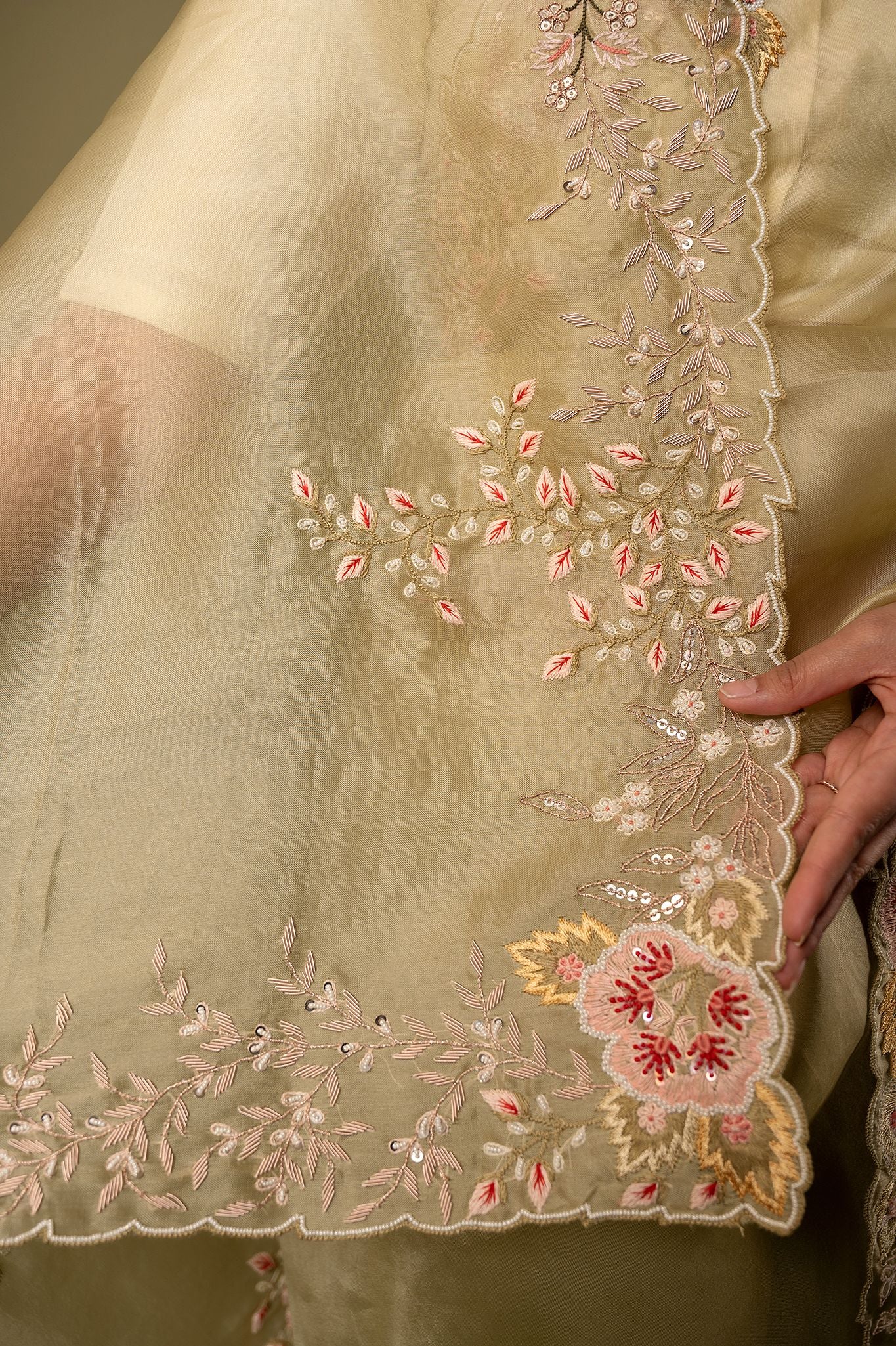 Olive green organza Resham French Knot Dabka border butti handwork saree