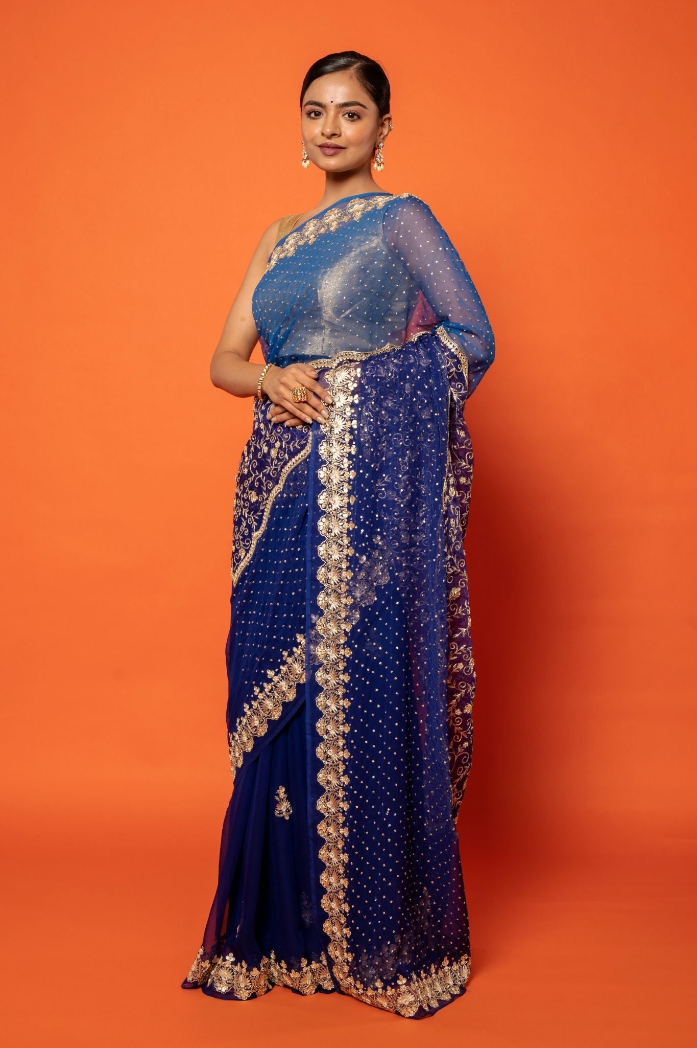 Royal Blue Viscose Chiffon Aari sequins pearl handwork party wear saree