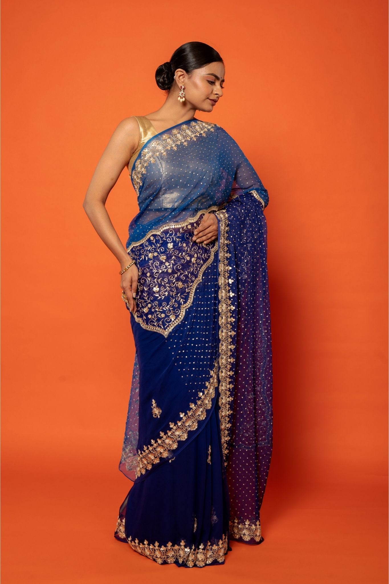 Royal Blue Viscose Chiffon Aari sequins pearl handwork party wear saree