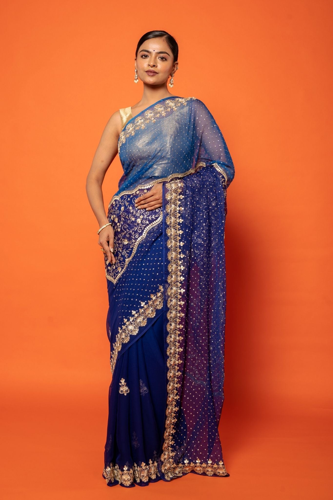 Royal Blue Viscose Chiffon Aari sequins pearl handwork party wear saree