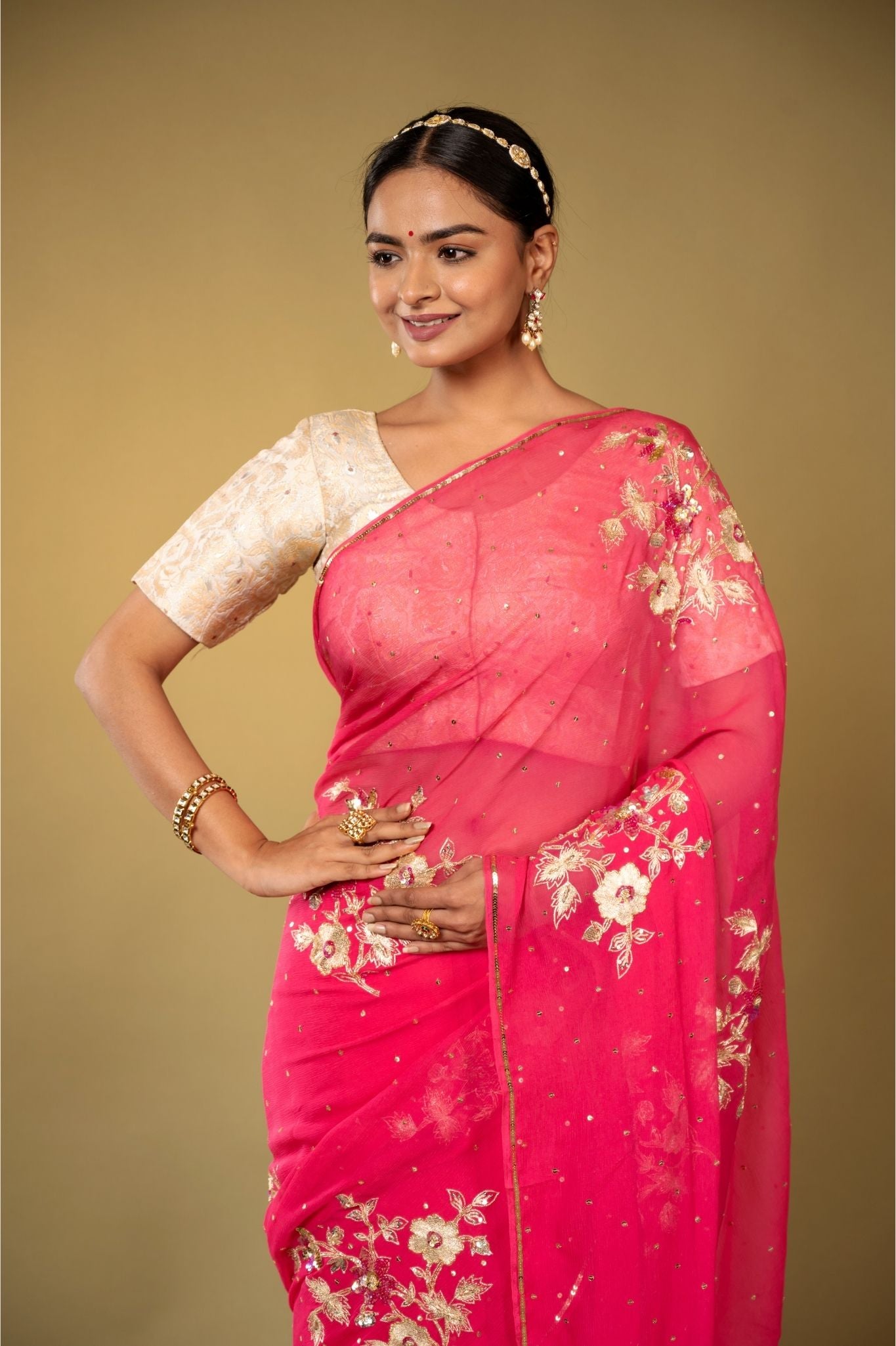 Gajri pure platinum Chiffon aari sequins butti handwork saree