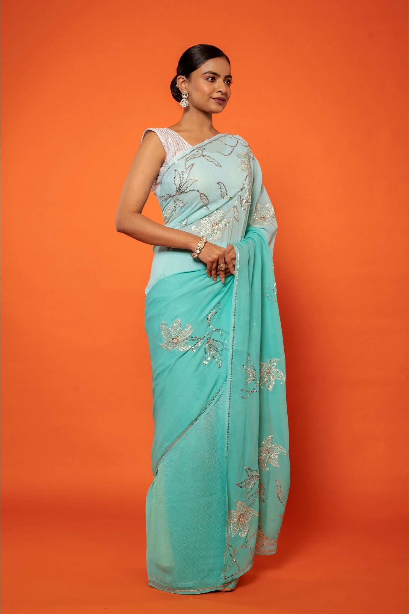 Aqua Blue light dark Pure Platinum Chiffon aari sequins jaal handwork saree