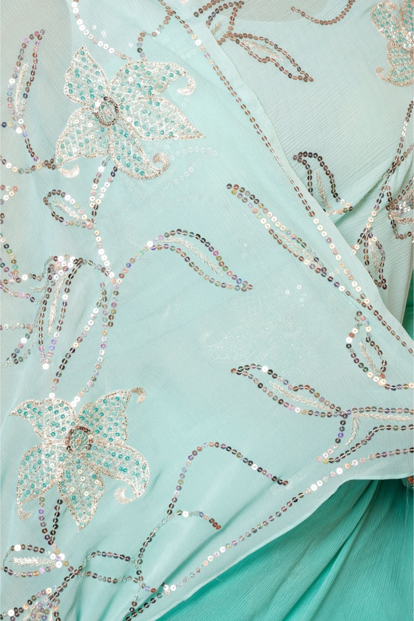 Aqua Blue light dark Pure Platinum Chiffon aari sequins jaal handwork saree