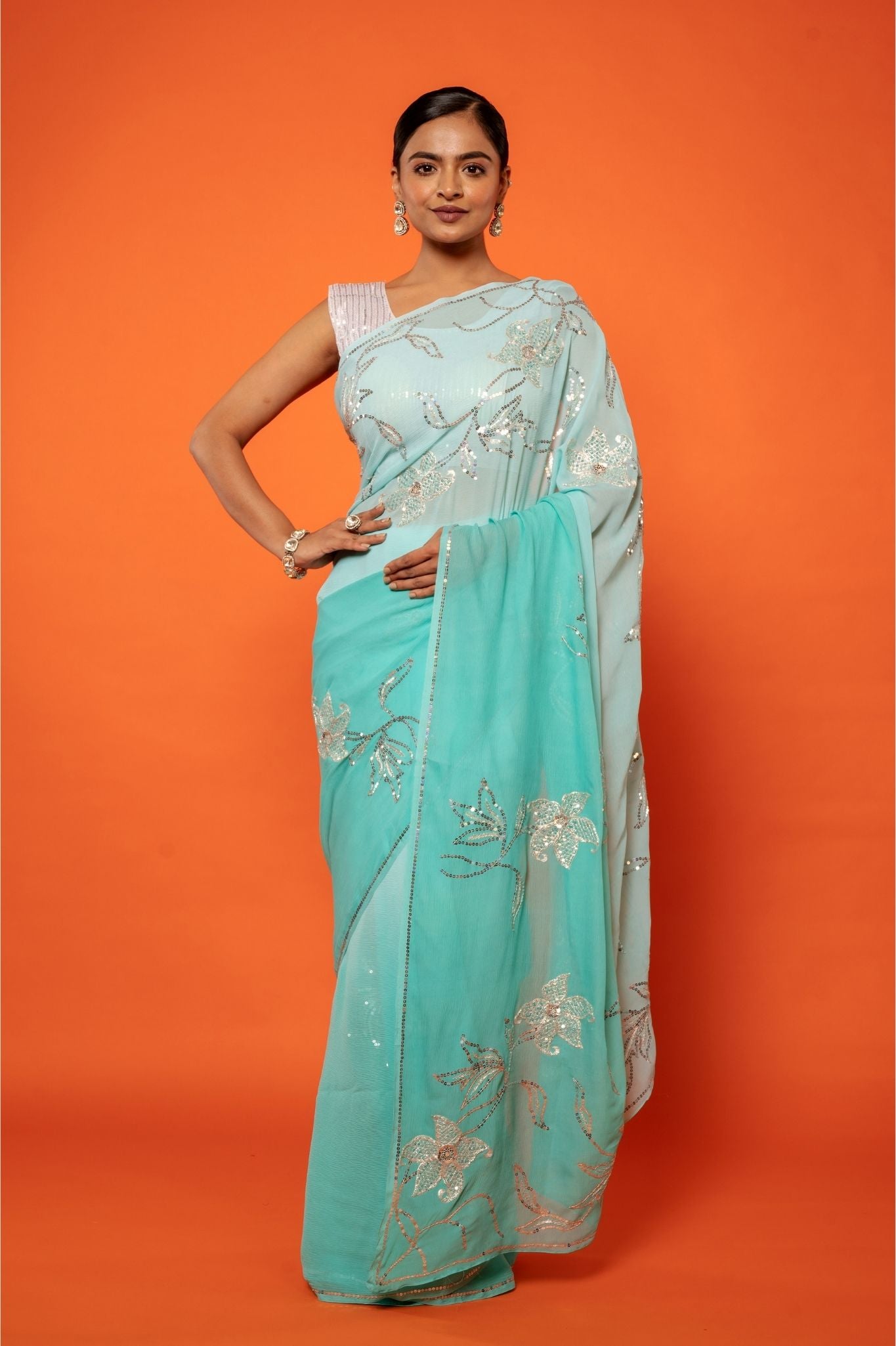 Aqua Blue light dark Pure Platinum Chiffon aari sequins jaal handwork saree