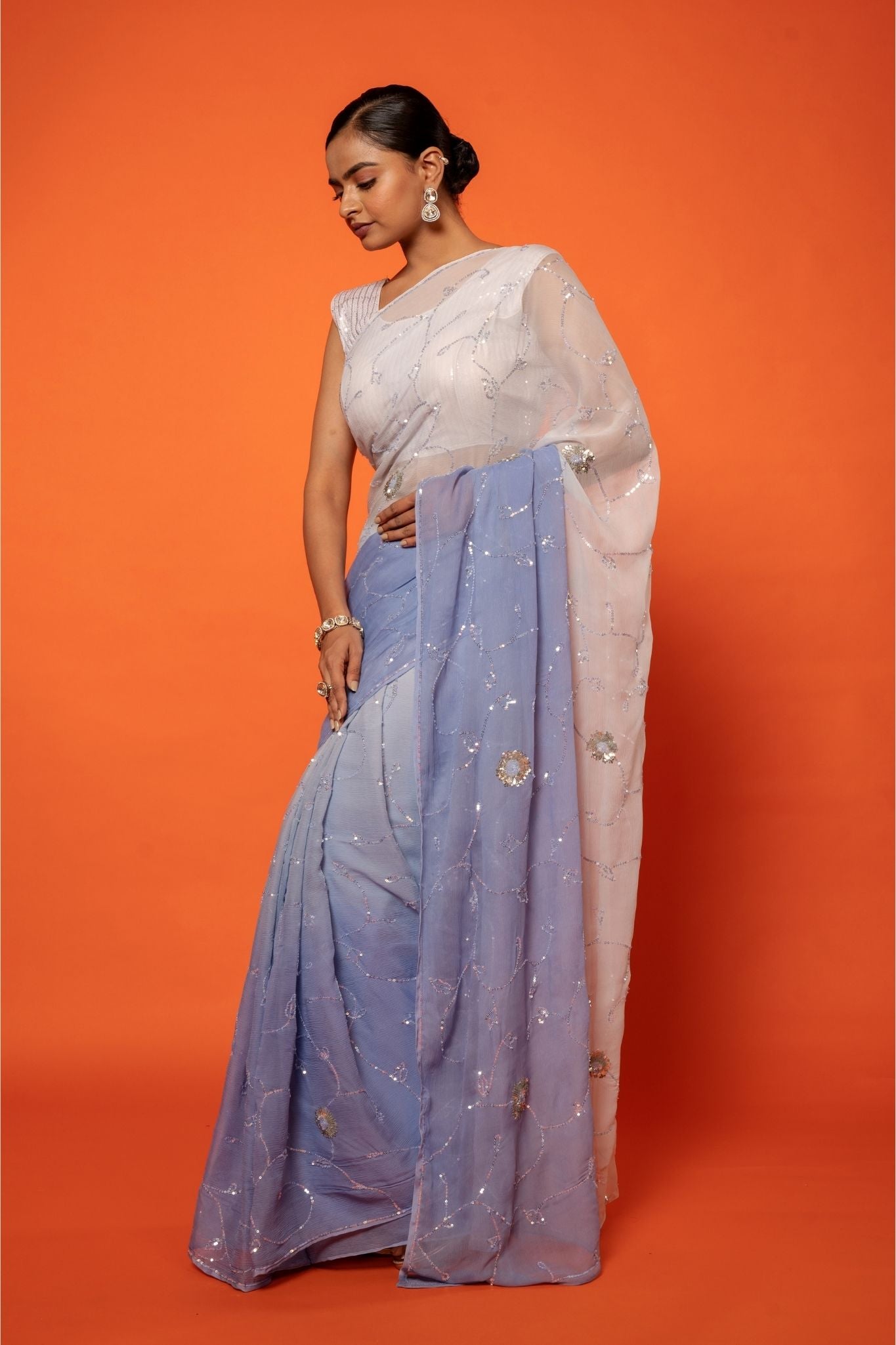 Sky Blue light dark Pure Platinum Chiffon sequins jaal handwork saree