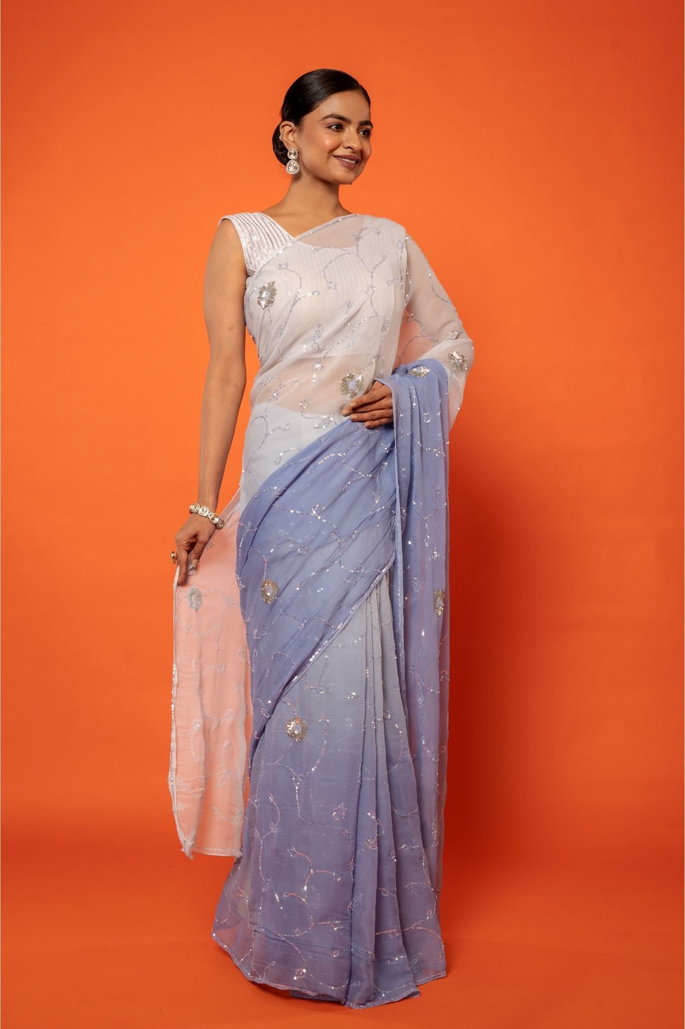Sky Blue light dark Pure Platinum Chiffon sequins jaal handwork saree