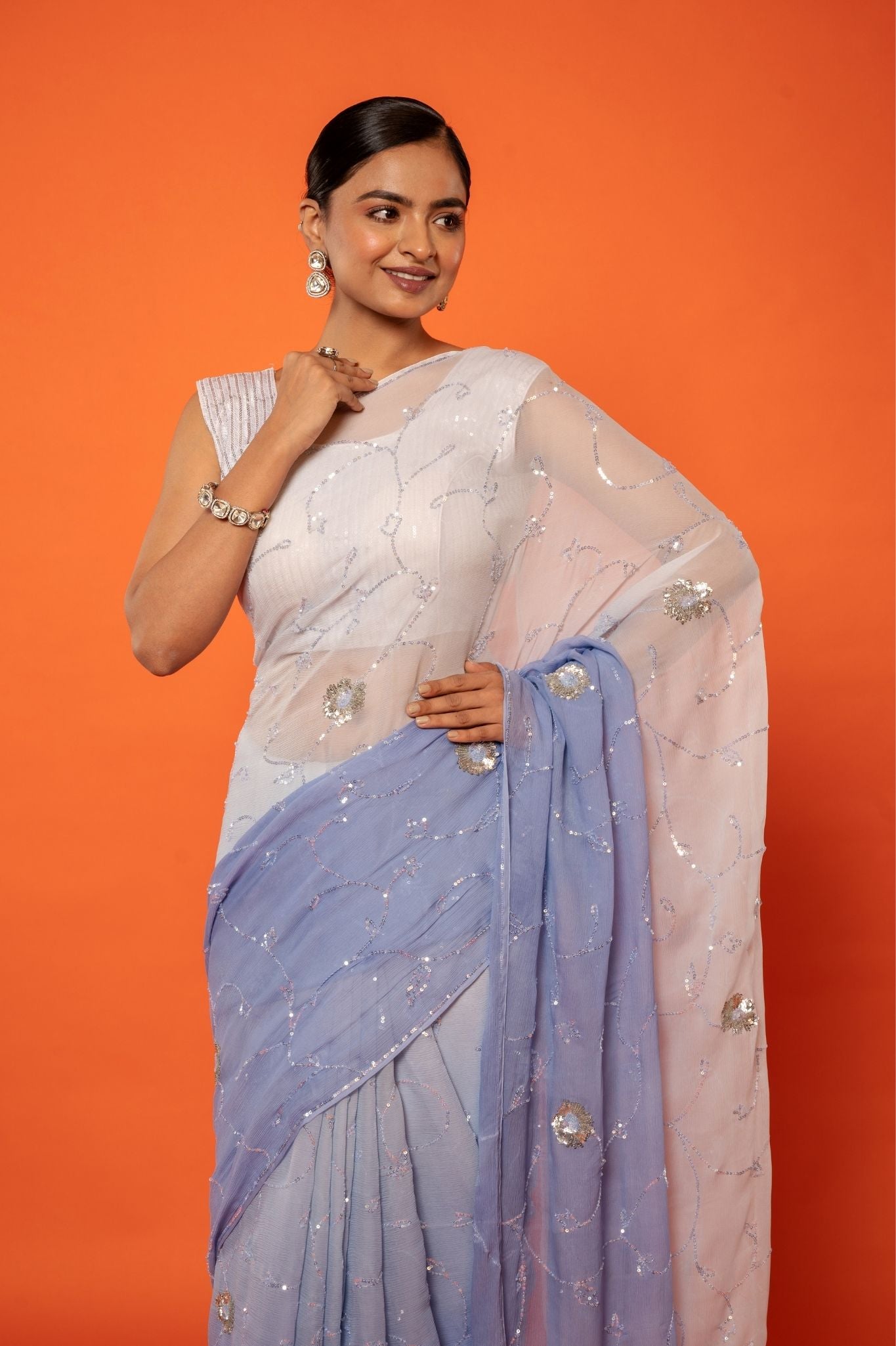 Sky Blue light dark Pure Platinum Chiffon sequins jaal handwork saree