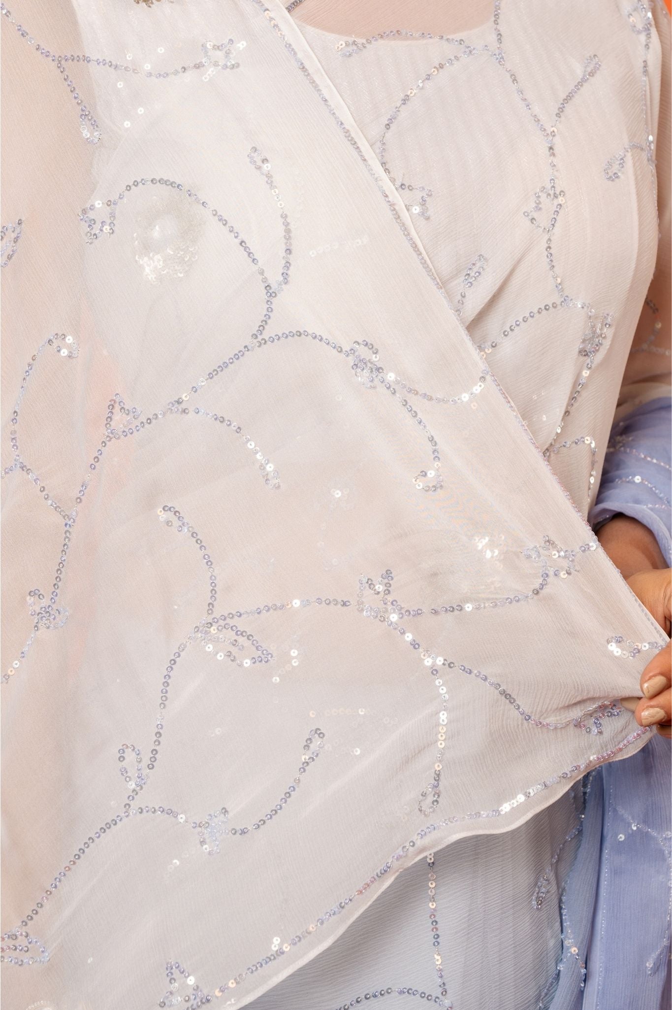 Sky Blue light dark Pure Platinum Chiffon sequins jaal handwork saree