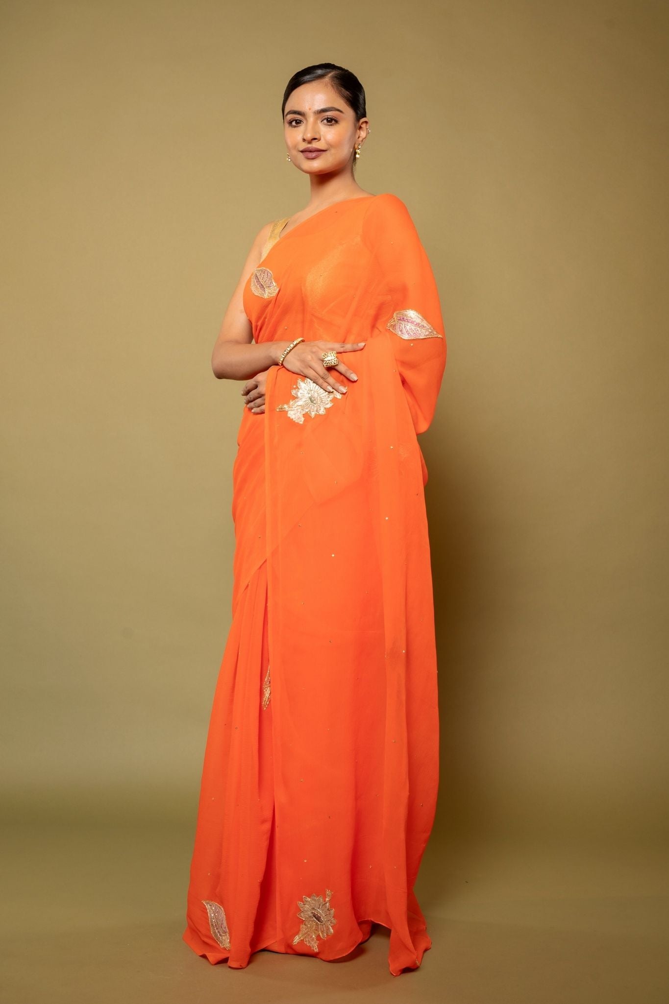 Orange Pure Platinum Chiffon Real Silver Chanderi handwork saree