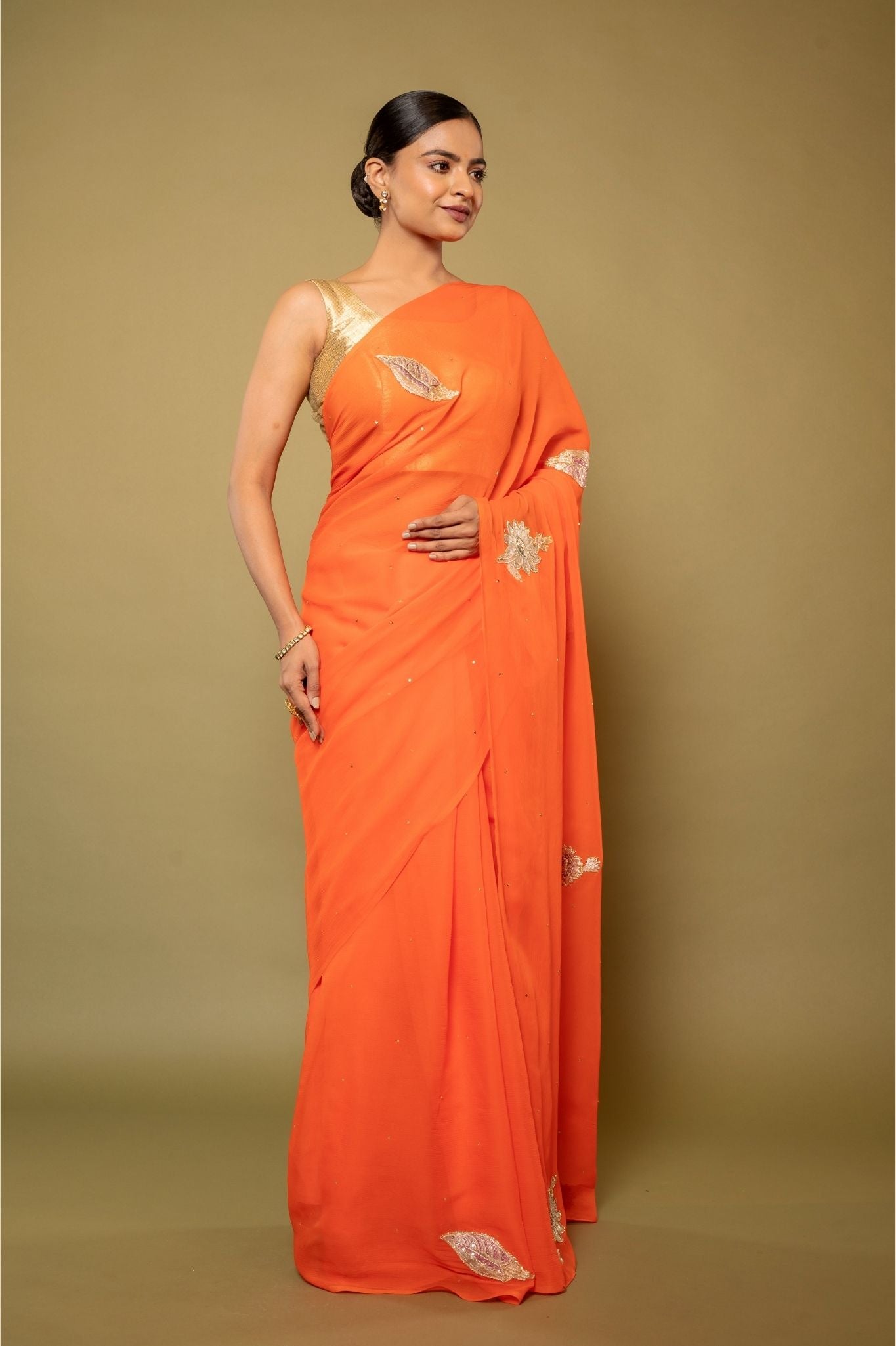 Orange Pure Platinum Chiffon Real Silver Chanderi handwork saree