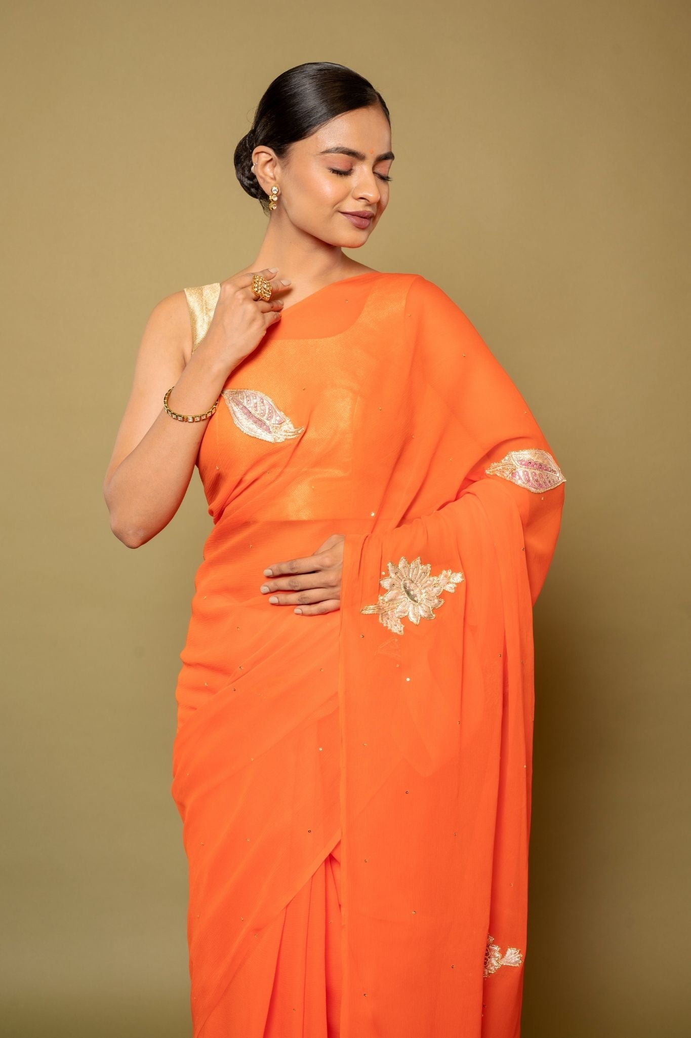 Orange Pure Platinum Chiffon Real Silver Chanderi handwork saree