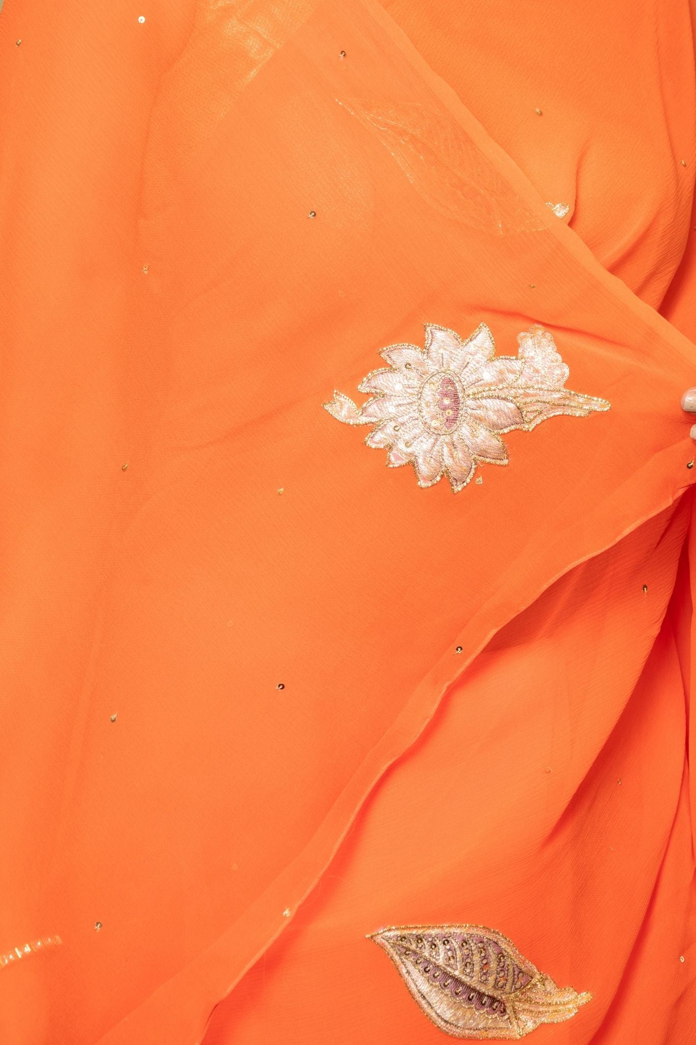 Orange Pure Platinum Chiffon Real Silver Chanderi handwork saree