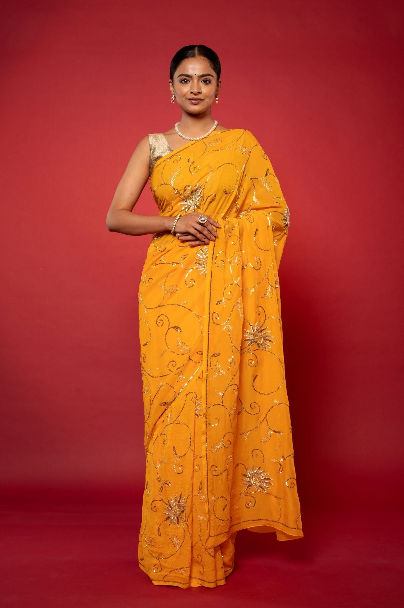 yellow pure chiffon aari sequins jaal handwork saree