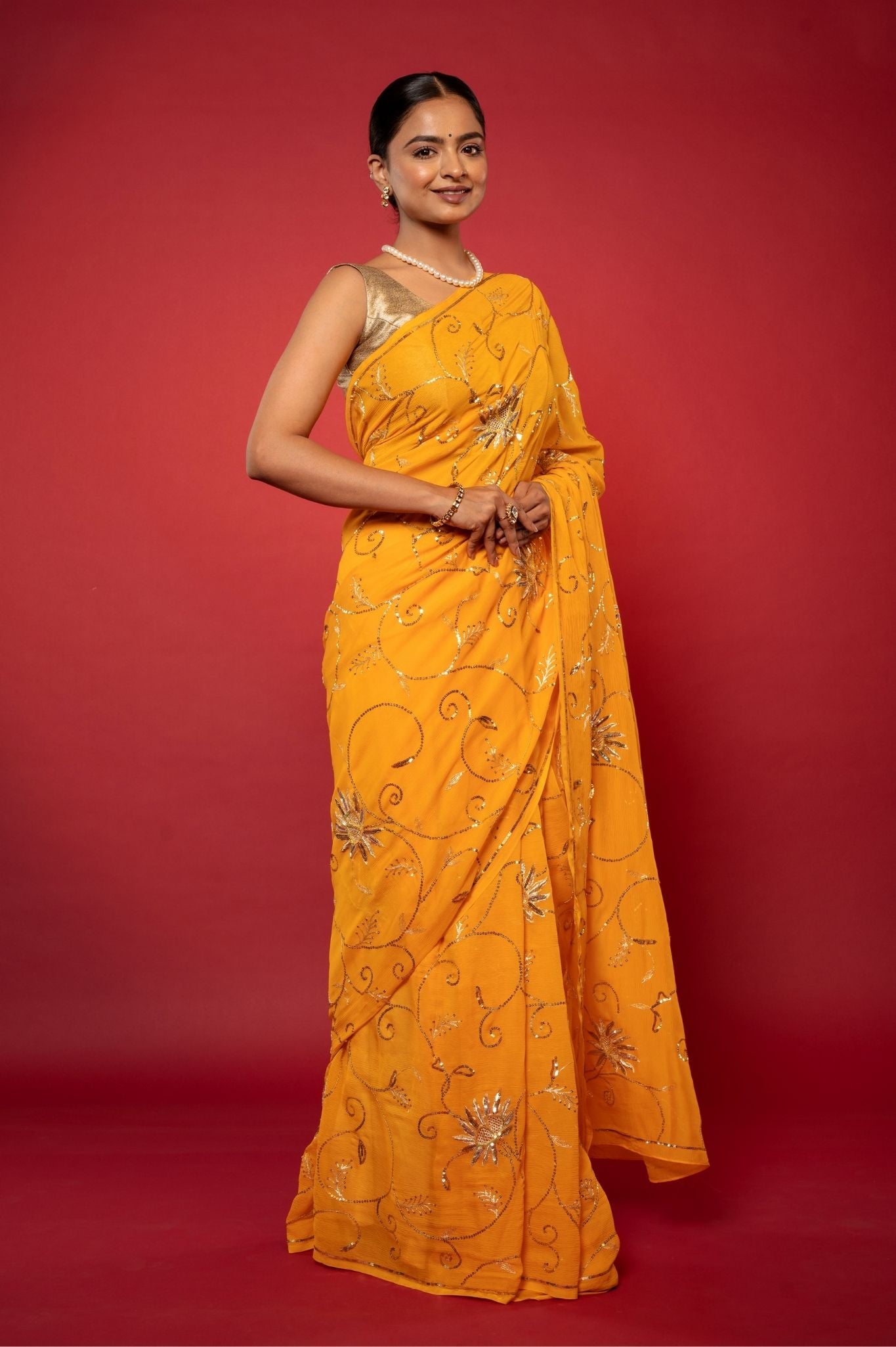 yellow pure chiffon aari sequins jaal handwork saree