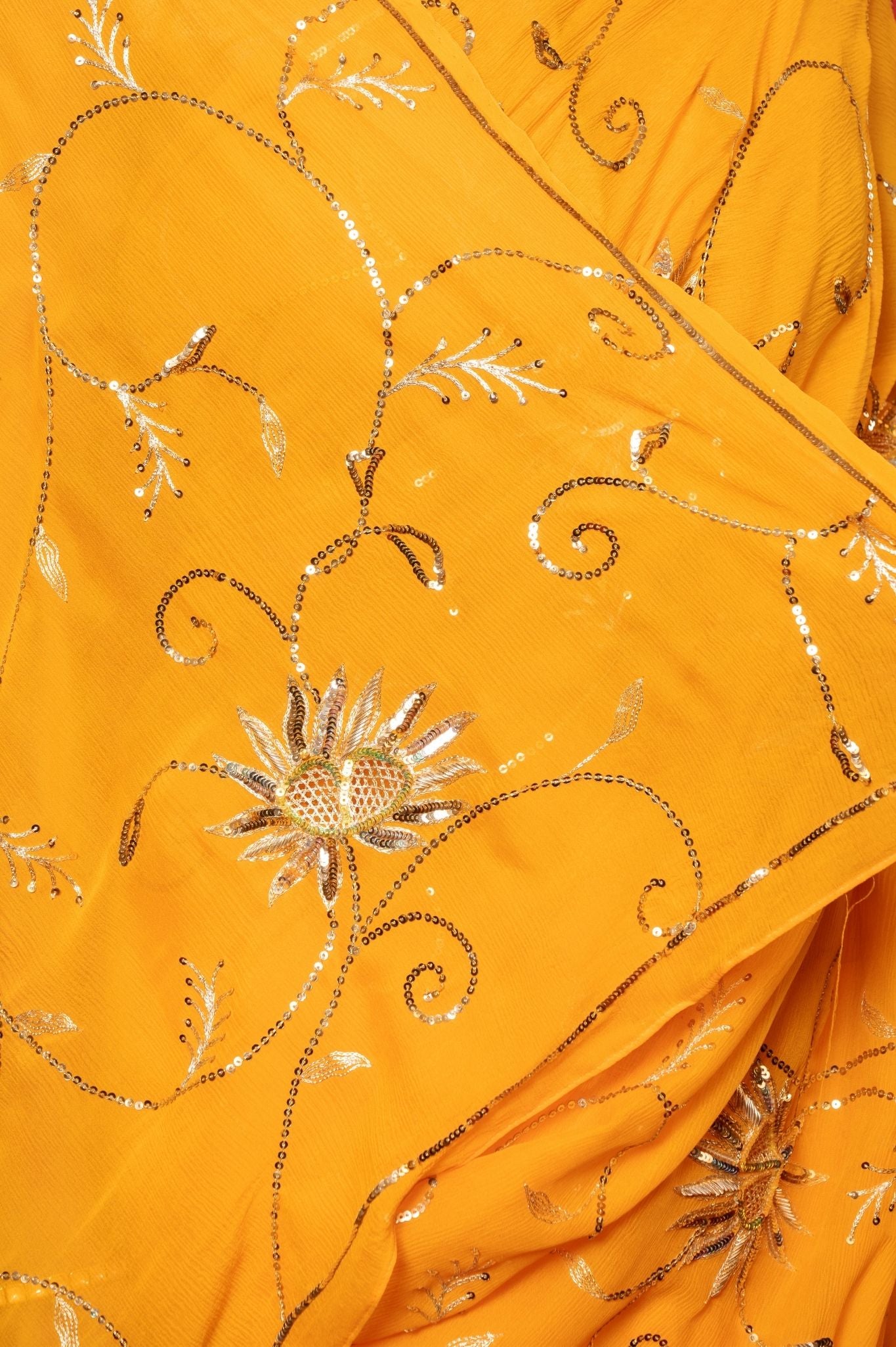 yellow pure chiffon aari sequins jaal handwork saree