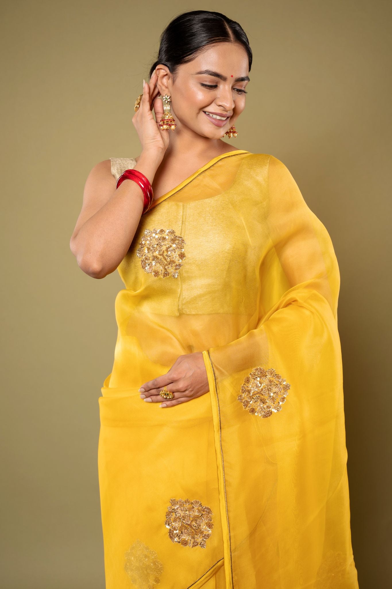 yellow Organza Zardozi Motif handwork saree