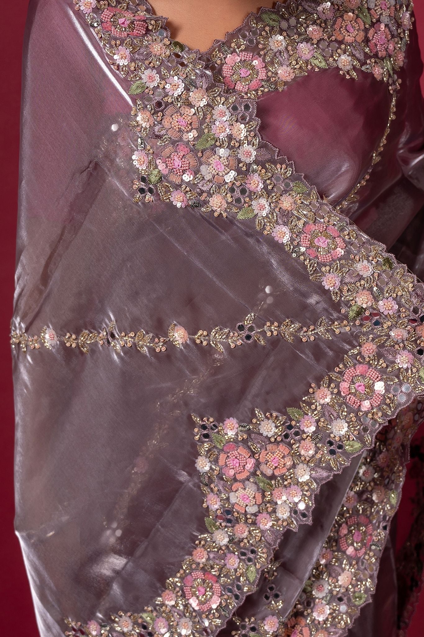 Purple Tissue organza pearl sequins kardana resham handwork saree