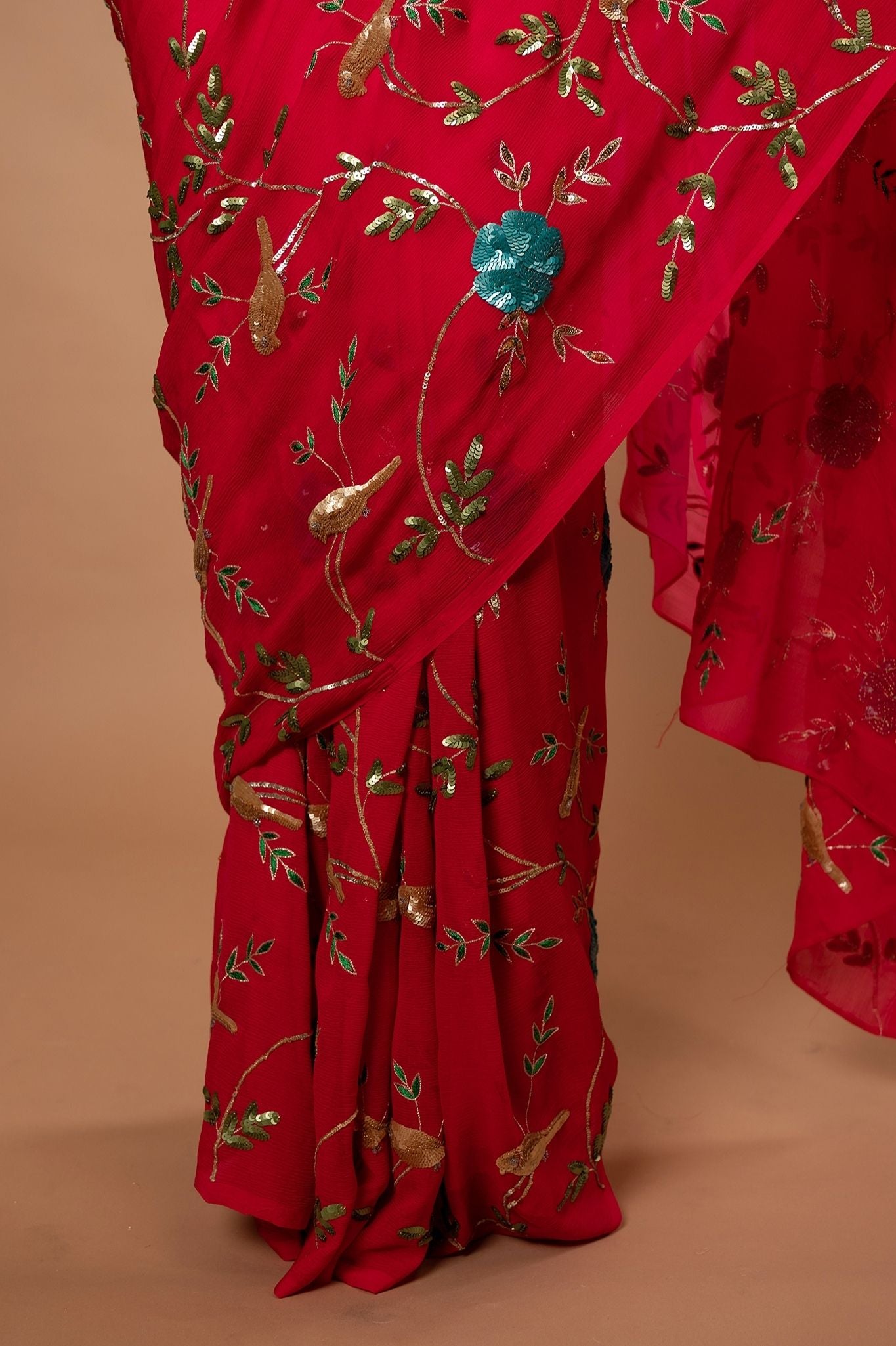 Gajri Pink light dark pure chiffon aari sequins jaal handwork saree